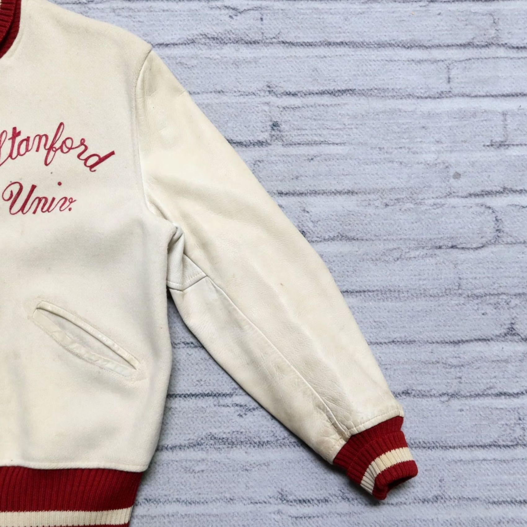 Vintage Vintage Stanford University Wool Leather Varsity Jacket Mens Jacket 44 White 90s Event Stanford University Varsity Jacket Mens Size US S / EU 44-46 / 1 - 7 Thumbnail
