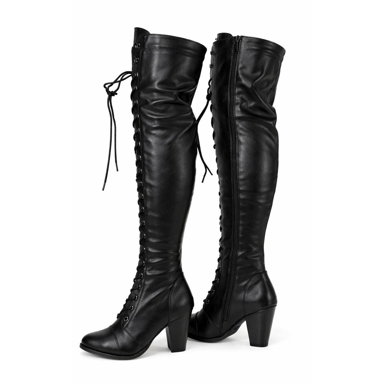 Other Ren Black Vegan Leather Lace Up Western OTK Boots 3.25" Heel Size US 6 / IT 36 - 6 Thumbnail