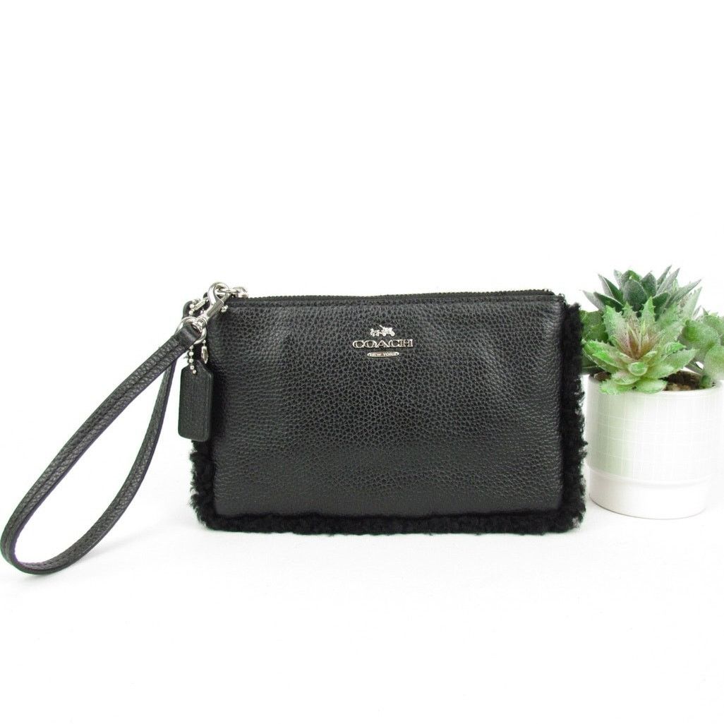Coach Coach Black Pebbled Leather Wristlet with Shearling Trim Size ONE SIZE - 1 Thumbnail