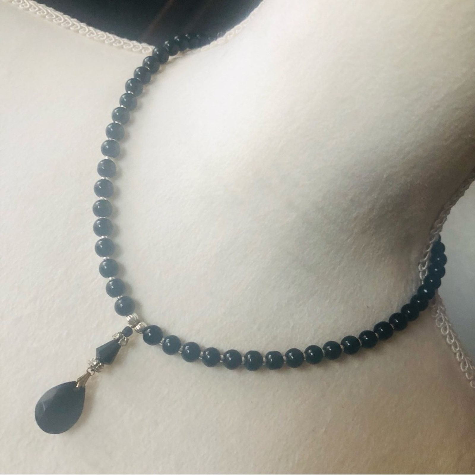 Handmade Handcrafted repurpose black crystal pendant Pearl necklac Size ONE SIZE - 1 Thumbnail