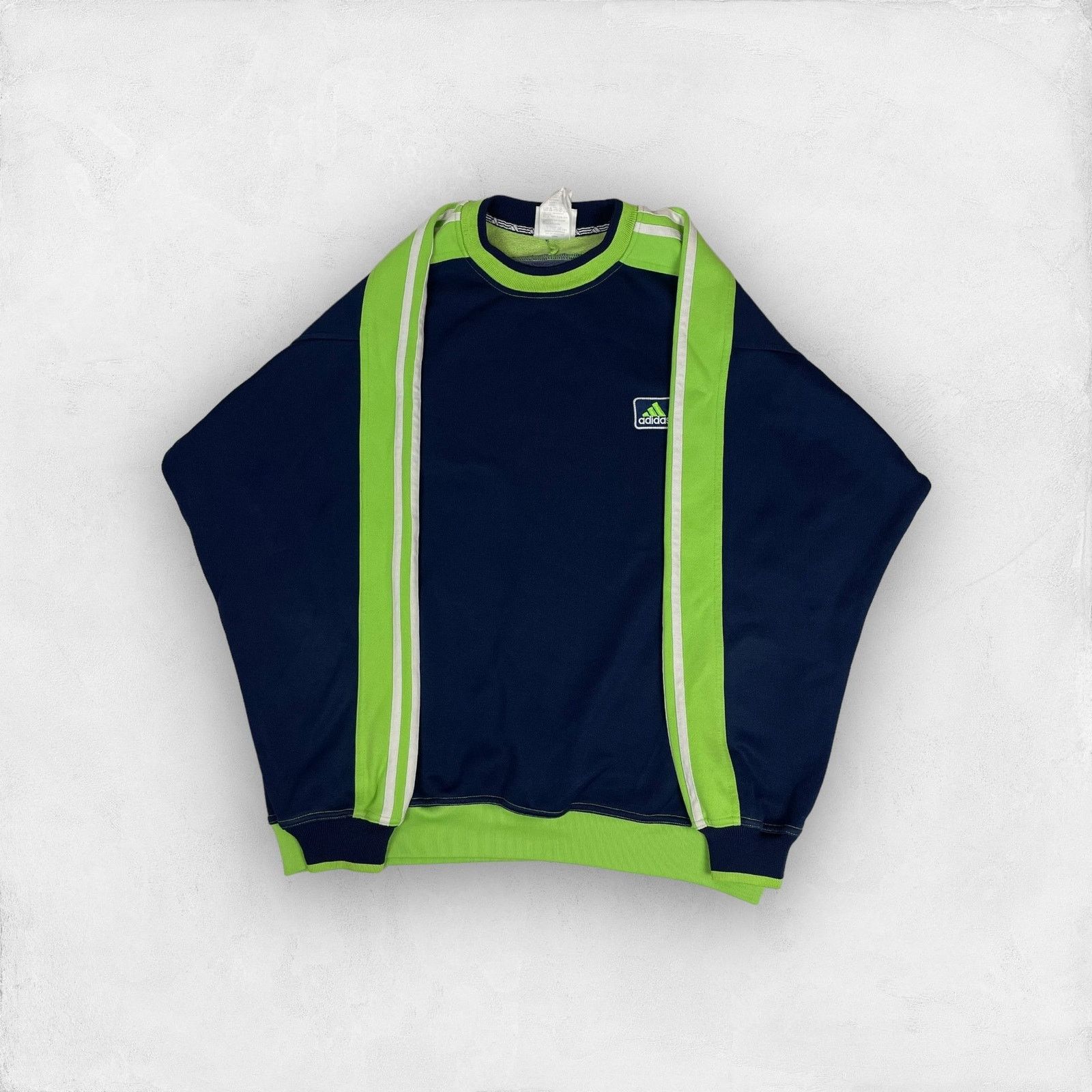 Vintage Adidas Mens Navy Green Crew Neck Pullover Sweatshirt