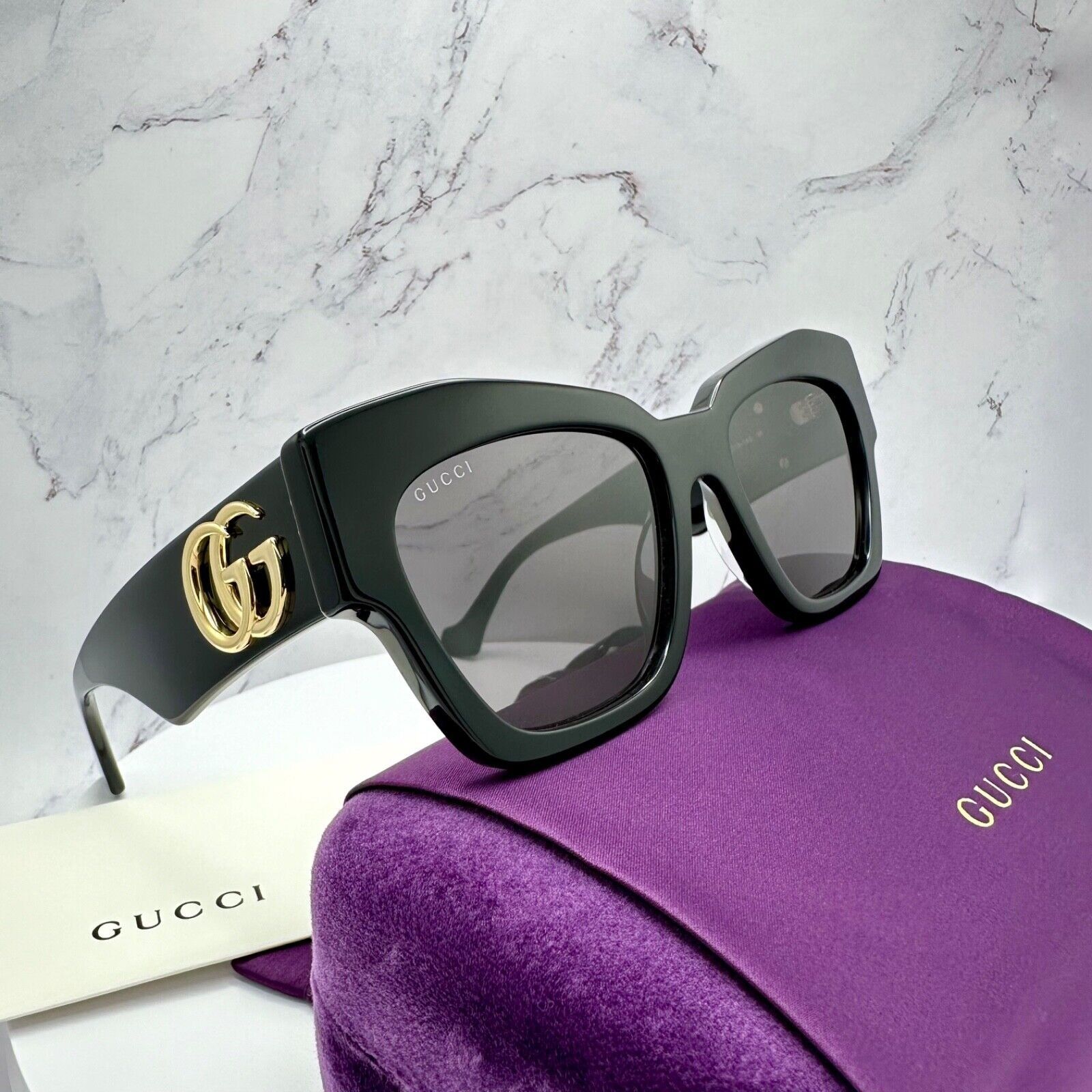 Gucci Gucci Sunglasses Black Cat Eye Gold Interlocking GG Logo Size ONE SIZE - 12 Thumbnail