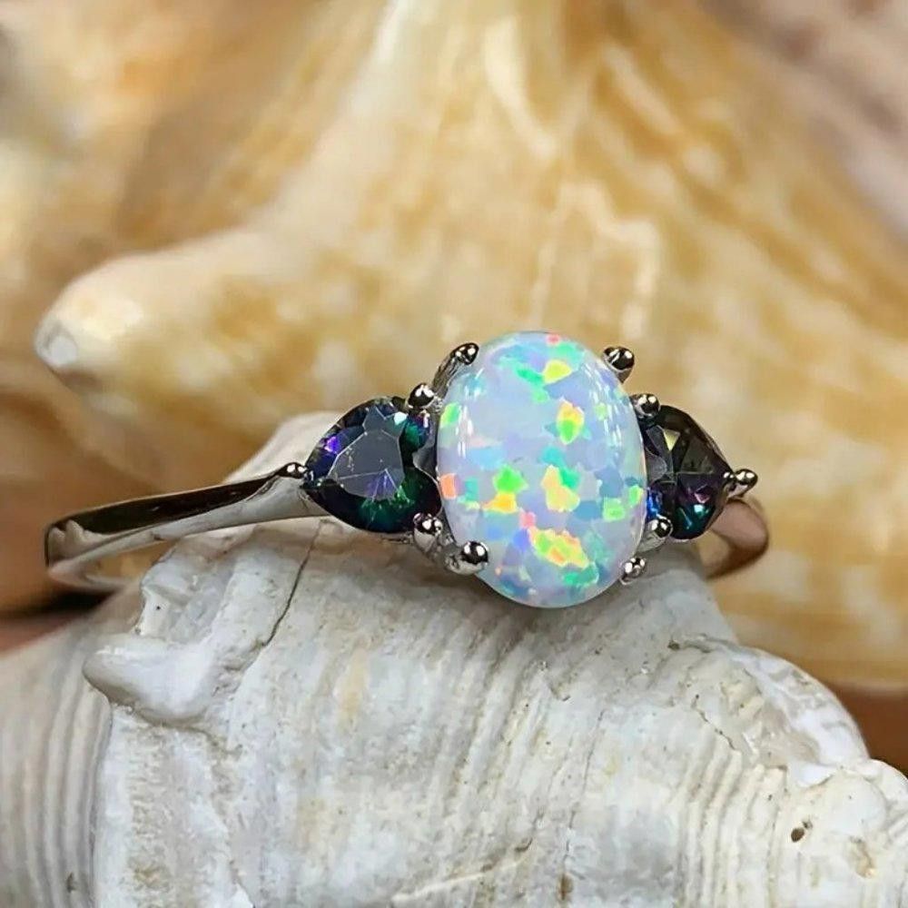 Designer White Opal & Heart Shaped Mystical Topaz Ring - Size 7 Size ONE SIZE - 8 Thumbnail