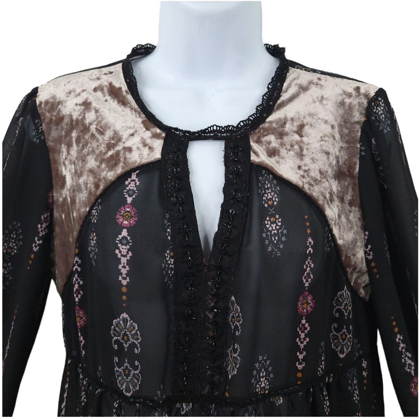 Other Knox Rose Boho Peasant Top M Black Floral Sheer Lace Velvet Size M / US 6-8 / IT 42-44 - 3 Thumbnail