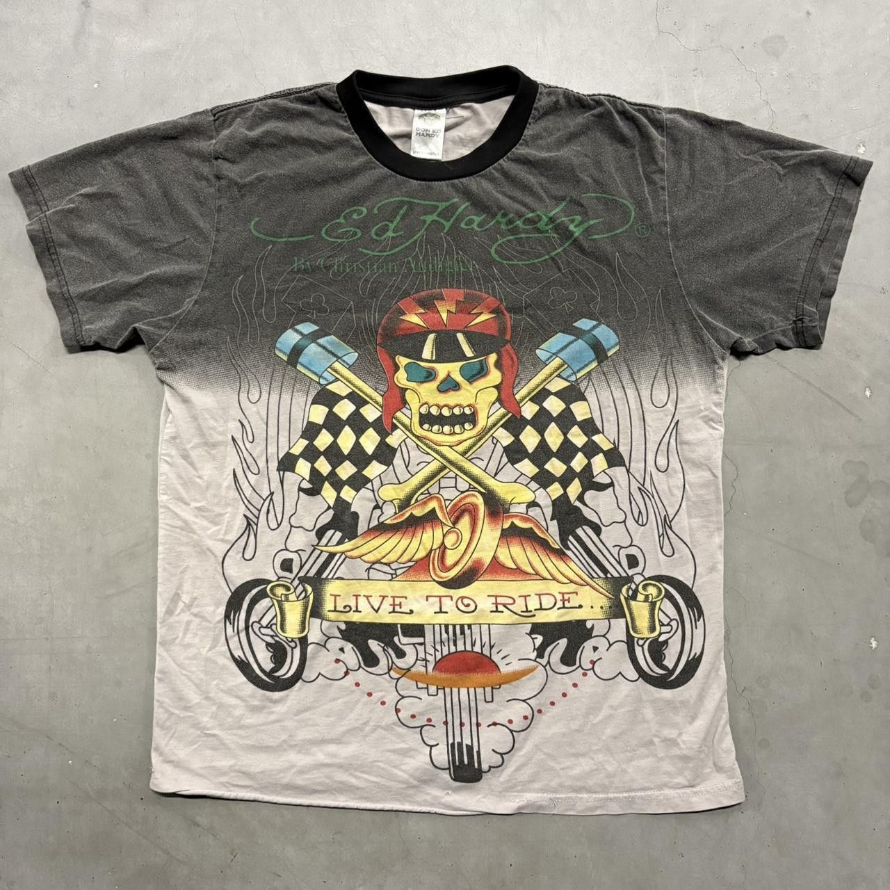 Vintage Crazy Vintage Y2K/2000s Ed Hardy Live to Ride Motorcycle Skull Graphic Tee! Size US M / EU 48-50 / 2 - 1 Thumbnail