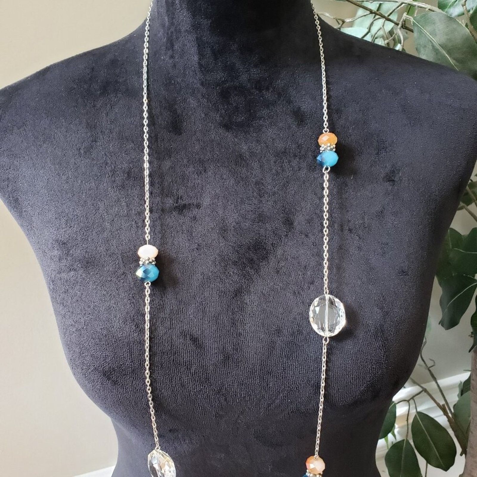 The Unbranded Brand Clear & Blue Crystal Beads Silver Tone Chain Long Necklace Size ONE SIZE - 2 Thumbnail