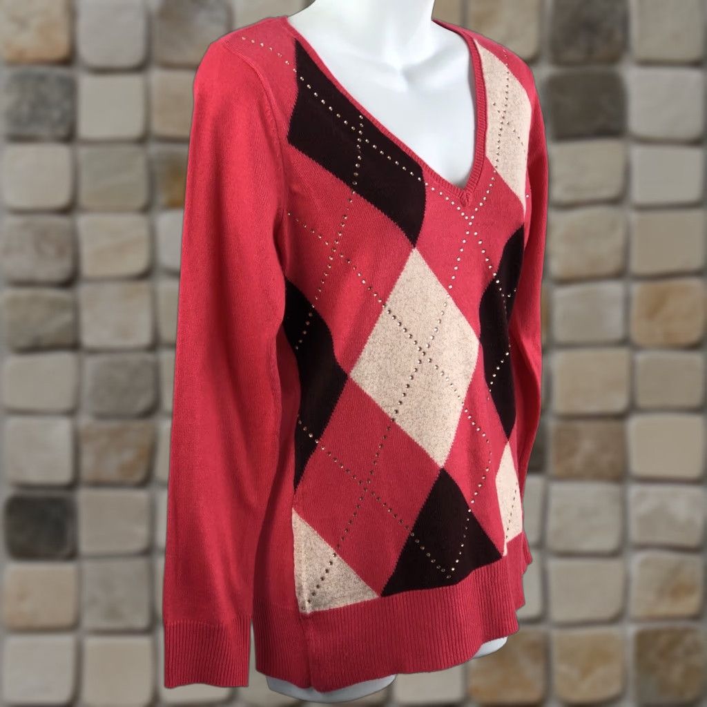Vintage VINTAGE New York And Company Sweater S Dark Coral Argyle V-Neck Long Sleeve Raglan Beaded 90s Preppy Womens Pullover Knit Cotton Size S / US 4 / IT 40 - 1 Thumbnail