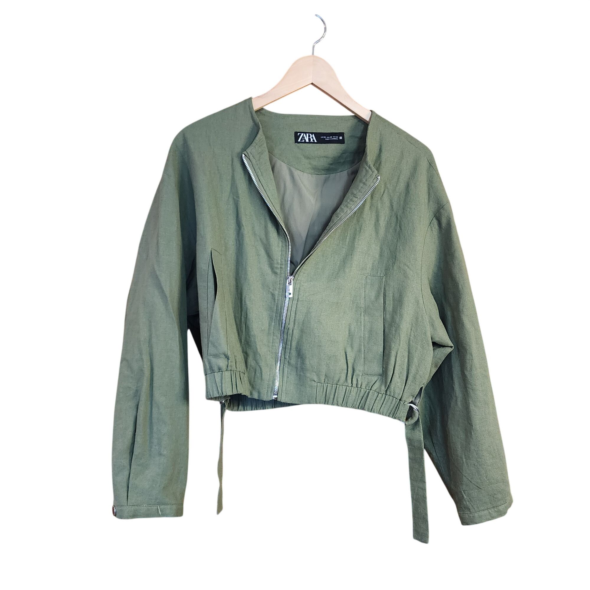 Zara Zara Hunter Green Linen Crop Bomber Jacket womens size XS N Size XS / US 0-2 / IT 36-38 - 1 Thumbnail