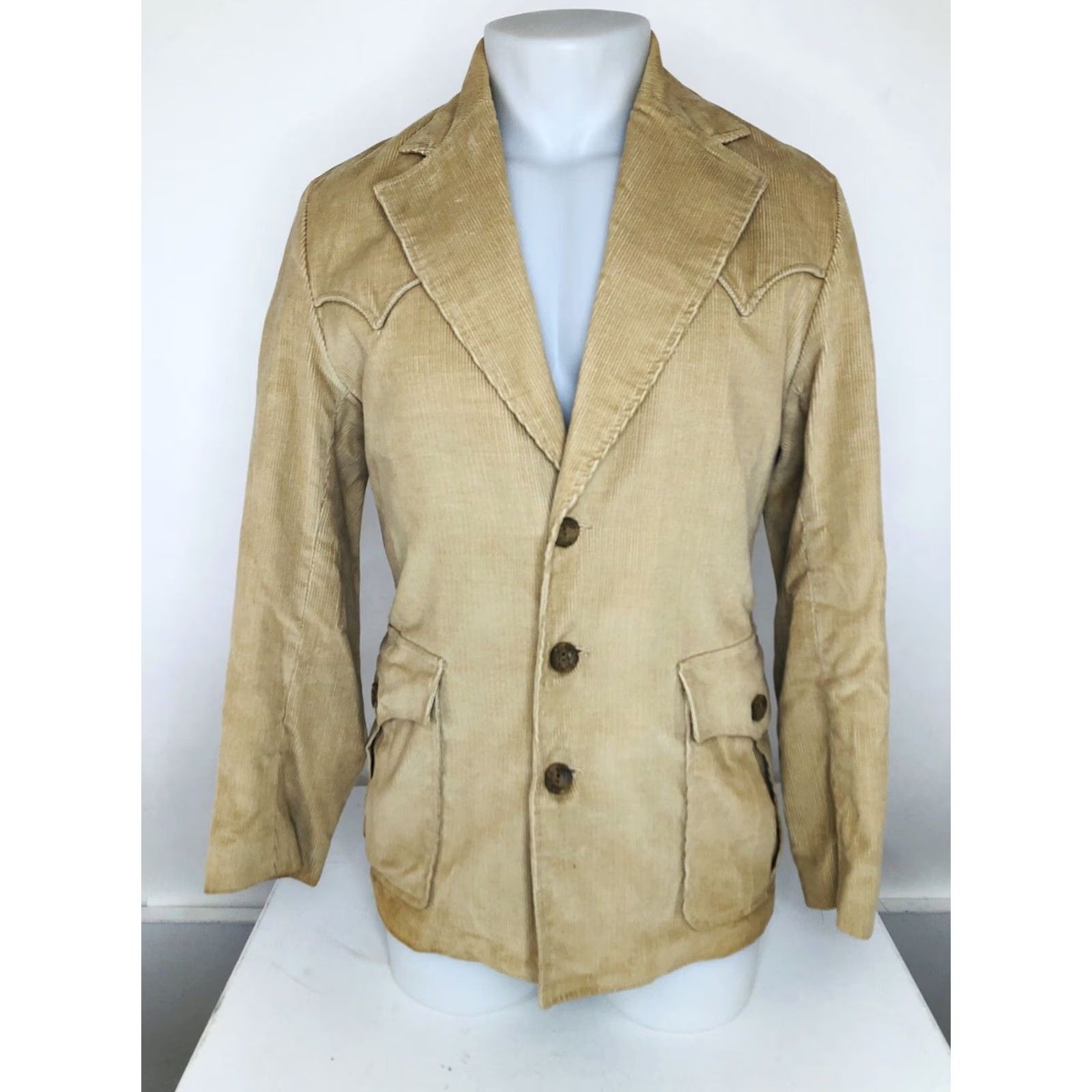 Vintage Pioneer Wear Blazer - Mens 36 Corduroy Western SportCoat Jacket Tan Vintage B11 Size 36R - 2 Thumbnail