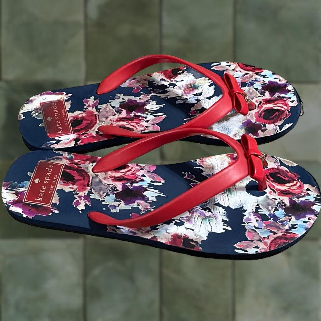 Vintage kate spade new york Nova Floral Print Flip Flops Navy Red Thongs Size 9 US Sandal Women Flat Shoes Size US 9 / IT 39 - 1 Thumbnail