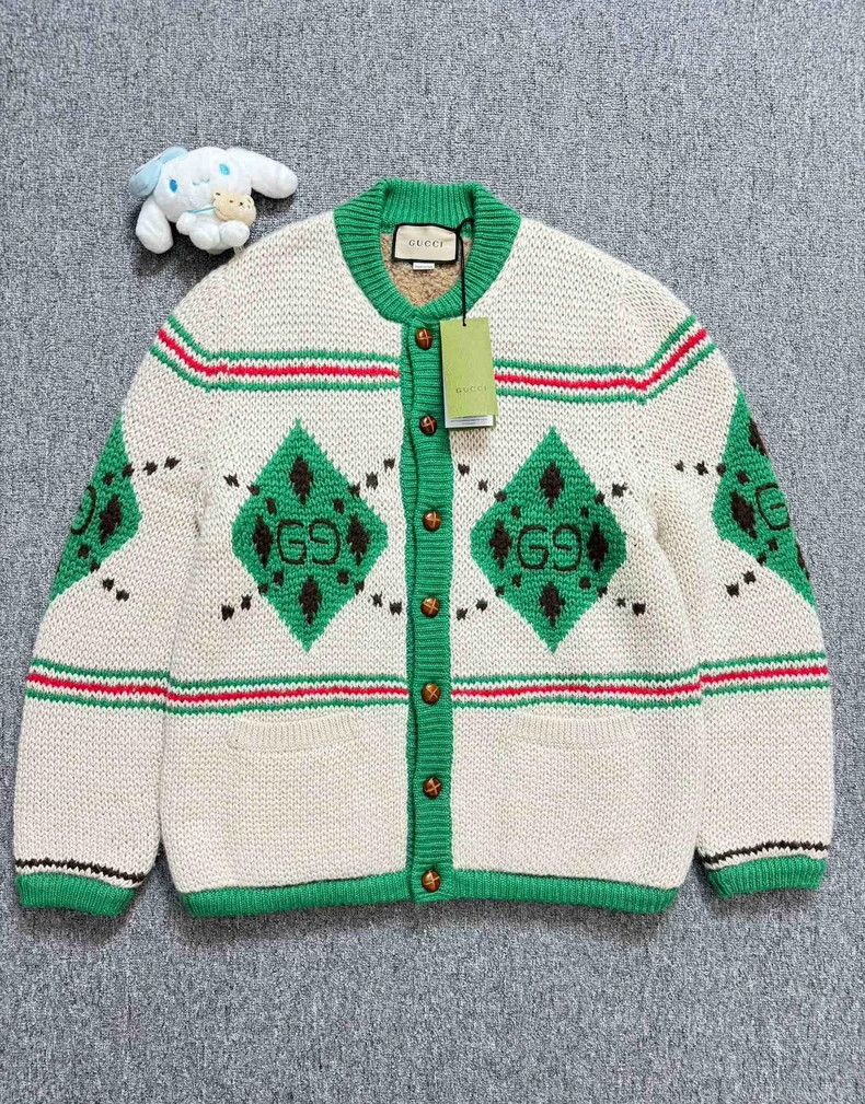 Gucci GucciWhite and green diamond pattern GG knitted thick plush Size US S / EU 44-46 / 1 - 1 Thumbnail