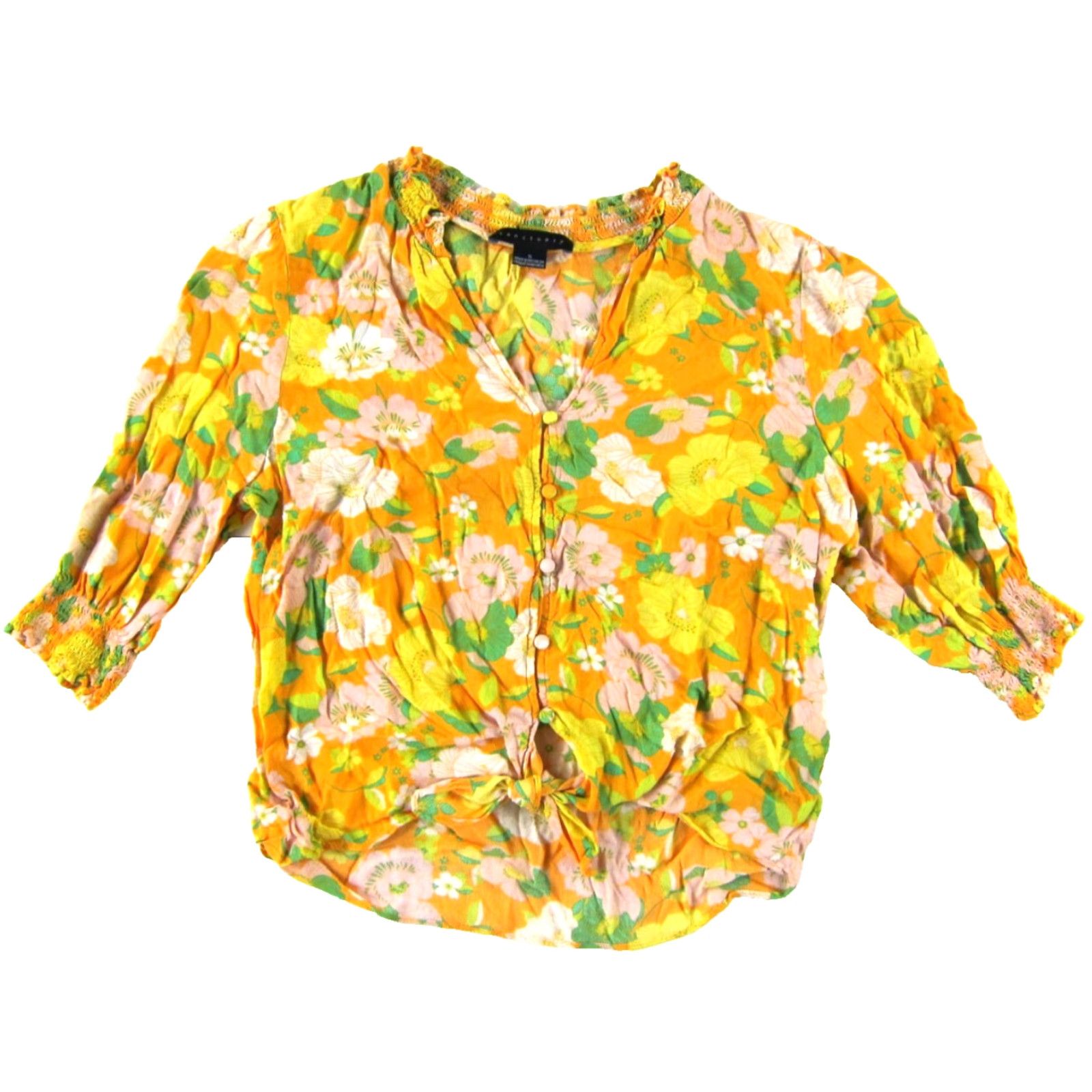 Sanctuary Sanctuary Floral Button-Up Blouse Small Women's 100% Rayon Yellow Orange Green Pink Shirt Top Casual Business Size S / US 4 / IT 40 - 2 Thumbnail