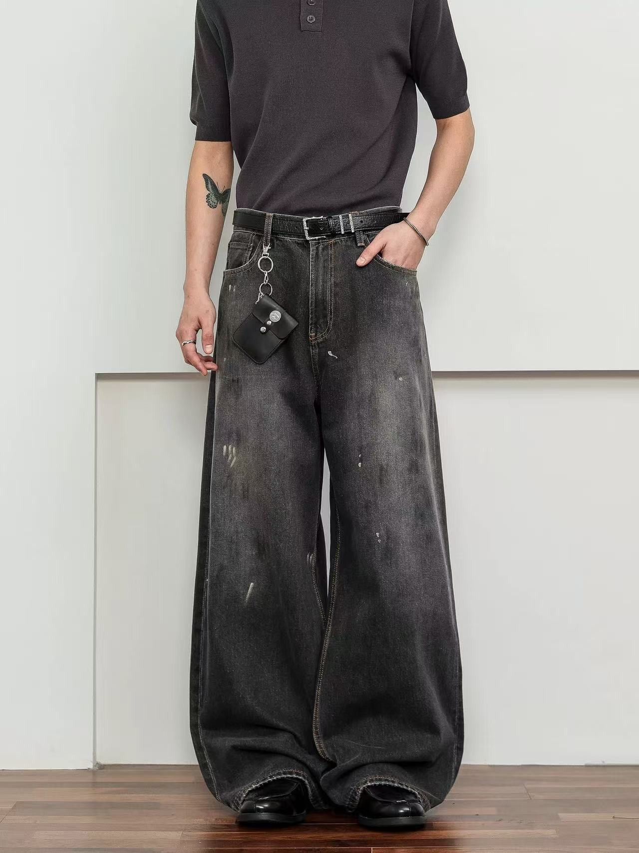 Vintage Retro men's loose straight ink-splashed graffiti jeans Size US 32 / EU 48 - 4 Thumbnail