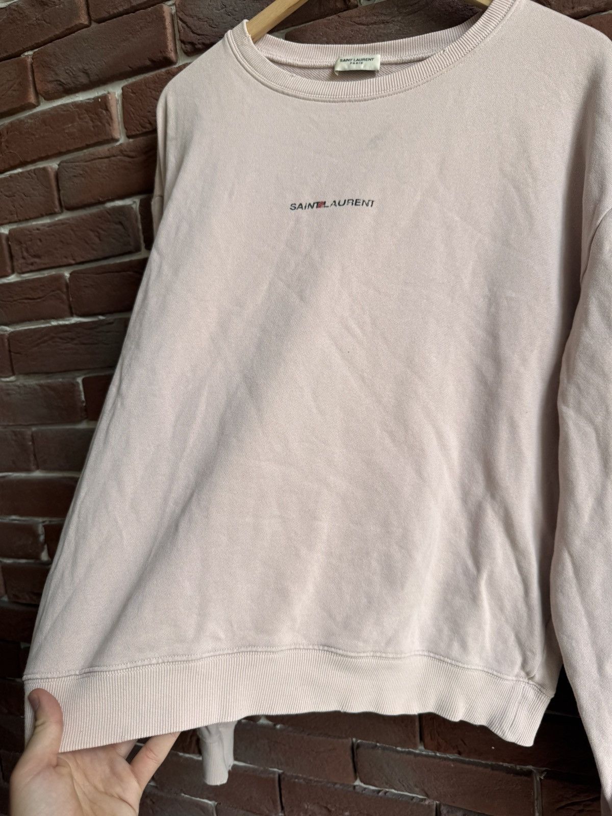Designer × Saint Laurent Paris SLP Saint Laurent Distressed Center Logo Ash Pink Crewneck M Size US M / EU 48-50 / 2 - 10 Thumbnail