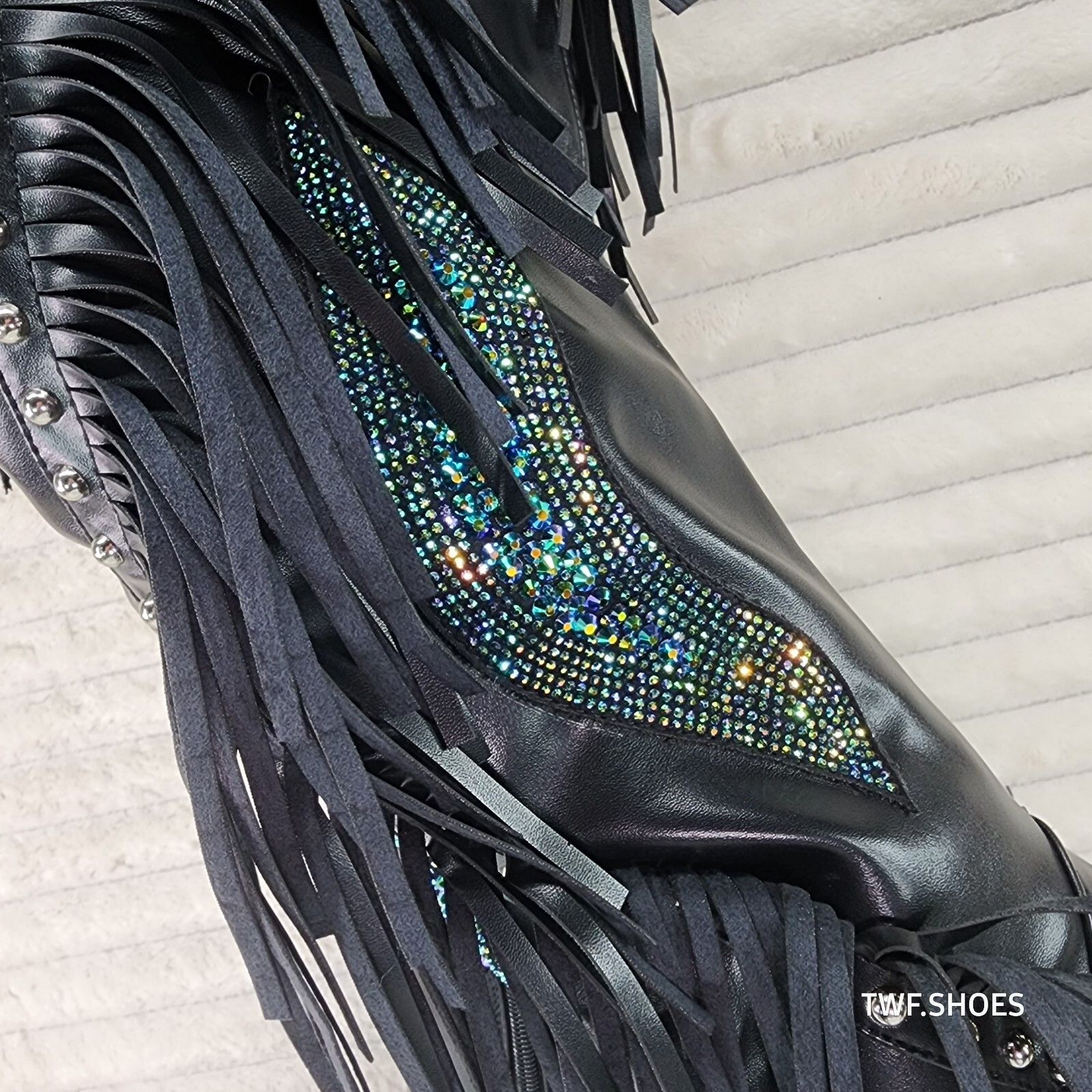 Azalea Wang Frenzy Black Fringe Rhinestone Over The Knee Thigh Boots Aza Size US 7.5 / IT 37.5 - 4 Thumbnail
