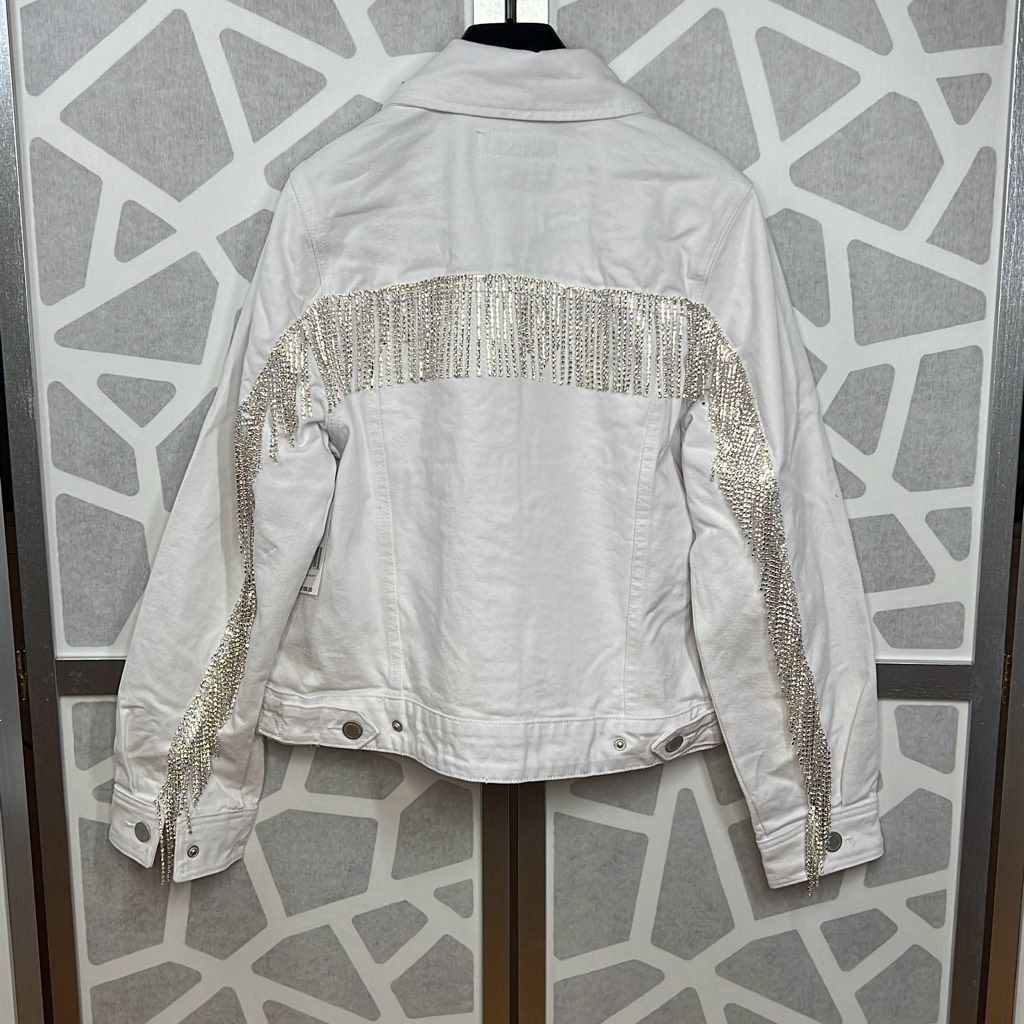 BLANKNYC Blank NYC White Denim Rhinestones Fringe Jacket NWT S Size S / US 4 / IT 40 - 10 Thumbnail