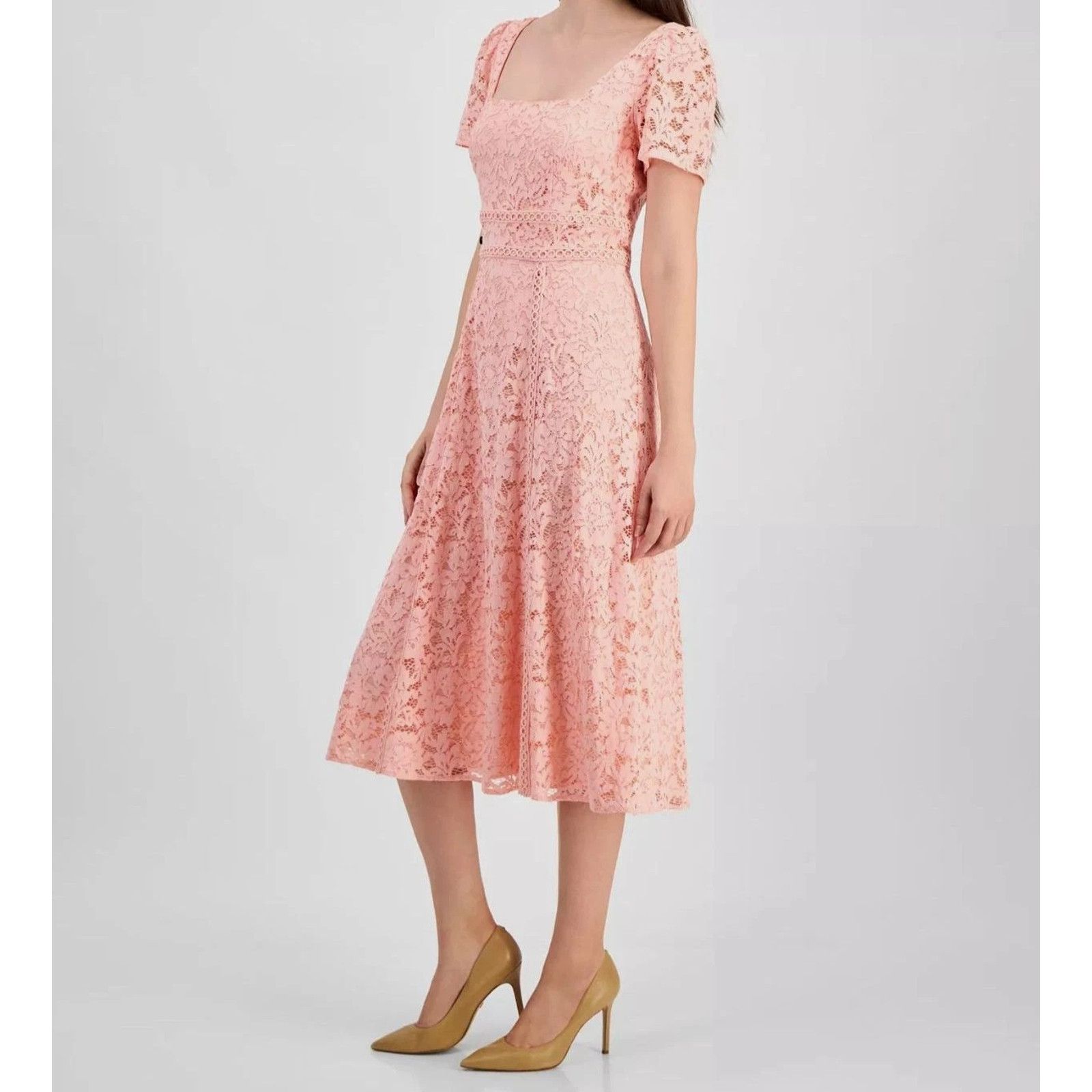 Anne Klein Anne Klein Women's Pink Lace Square Neck Puff Sleeve Dress 4 Size S / US 4 / IT 40 - 3 Thumbnail