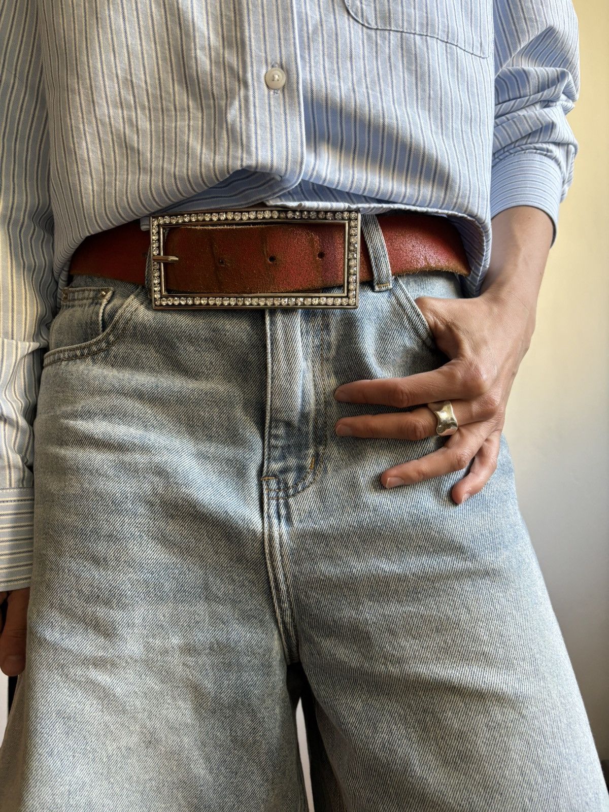 Japanese Brand × Vintage Vintage y2k OG DRIP Avant Garde Buckle Crystals Leather Belt Size ONE SIZE - 1 Thumbnail