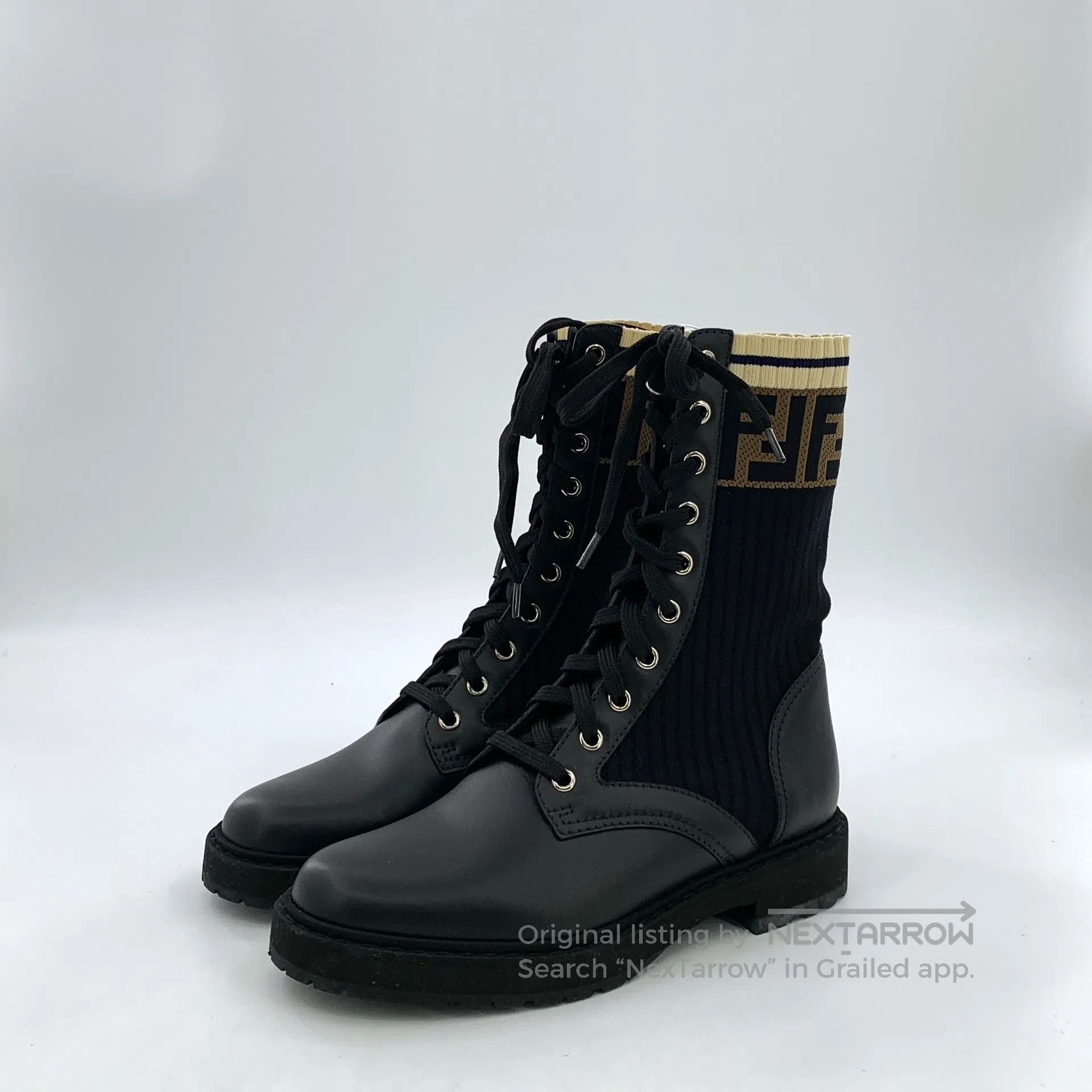 Fendi FENDI Black double F knit detail lace-up casual flat ankle Size US 5 / IT 35 - 1 Thumbnail