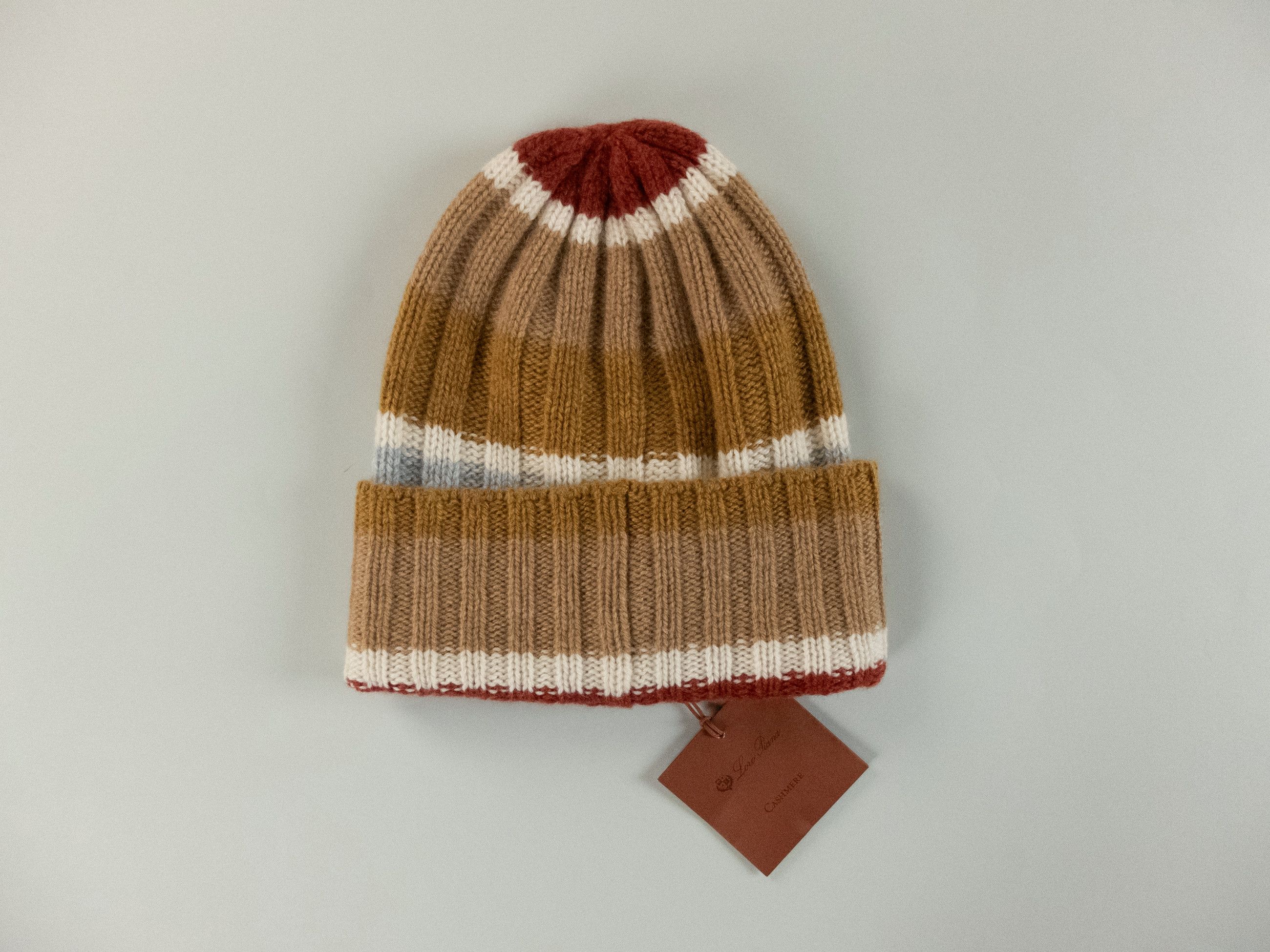 image of Loro Piana Deer Valley Striped Pure Cashmere Beanie Hat in Brown, Women's