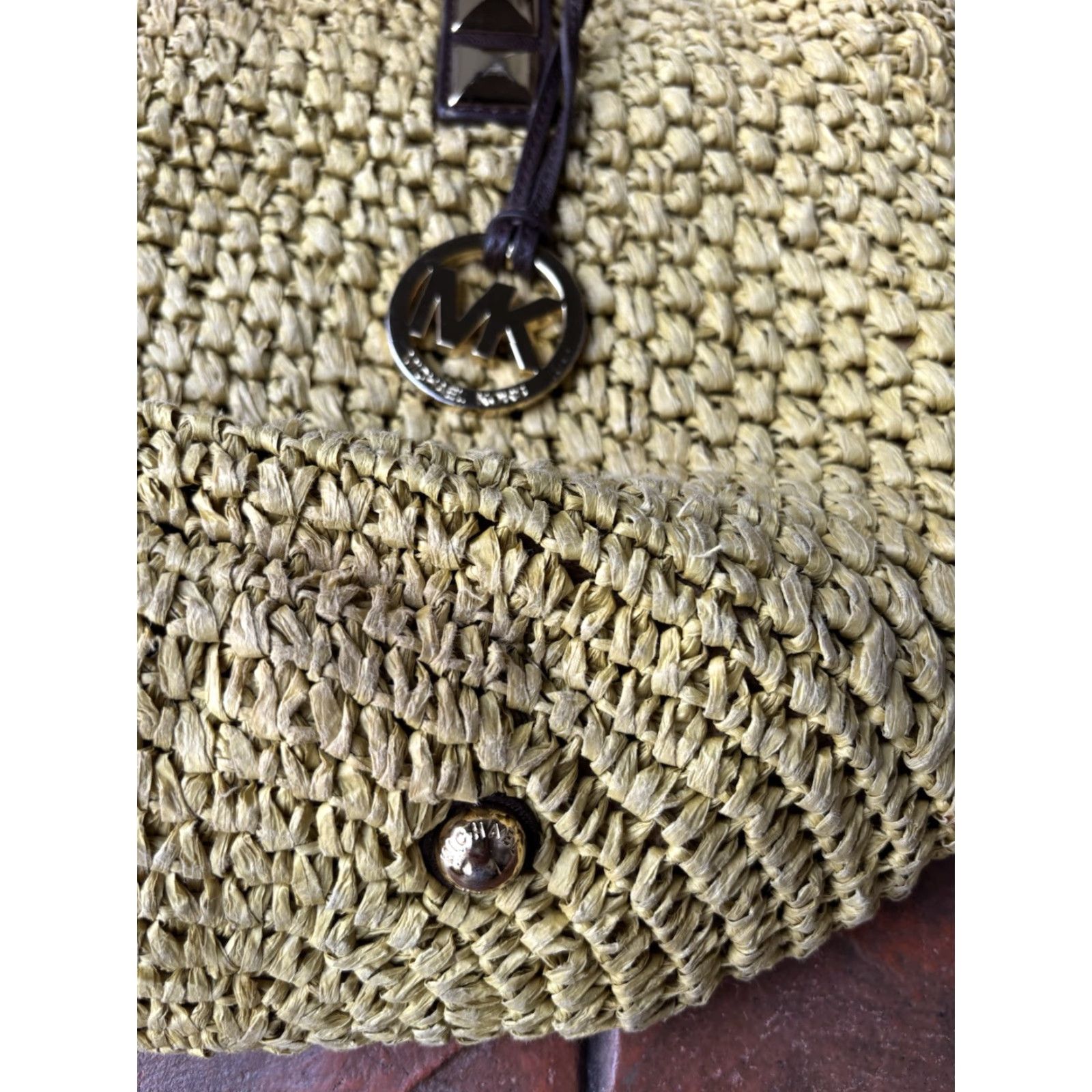 Michael Kors Michael Kors Woven Tote Bag Leather Trim Walnut Brown Beige Straw | Large | Women | Gold Hardware | Pouch Charm | Leather Lining Size ONE SIZE - 6 Thumbnail