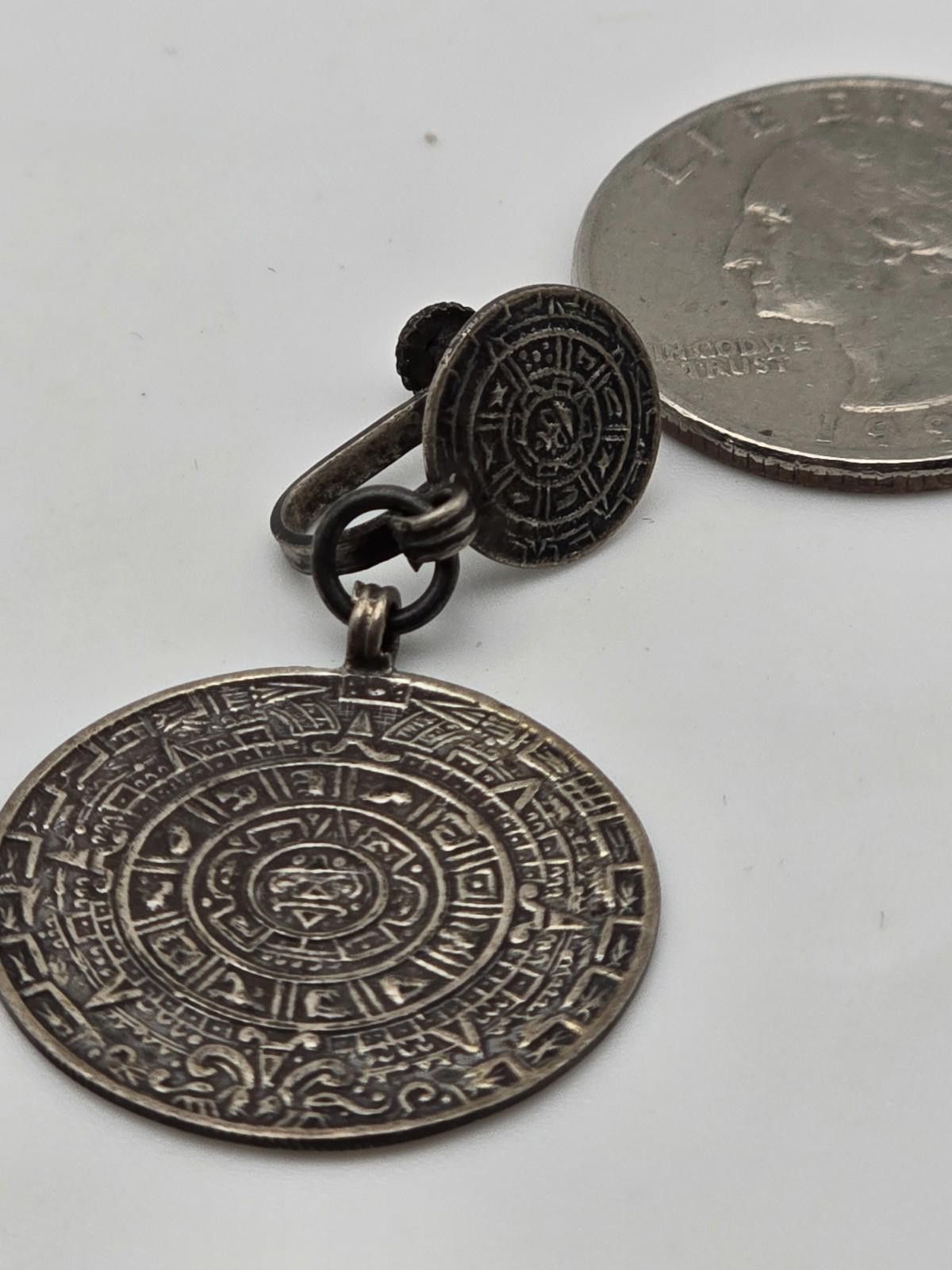 Sterling Silver Vintage Mexican Sterling Aztec Calendar Earrings 1950s Size ONE SIZE - 2 Thumbnail