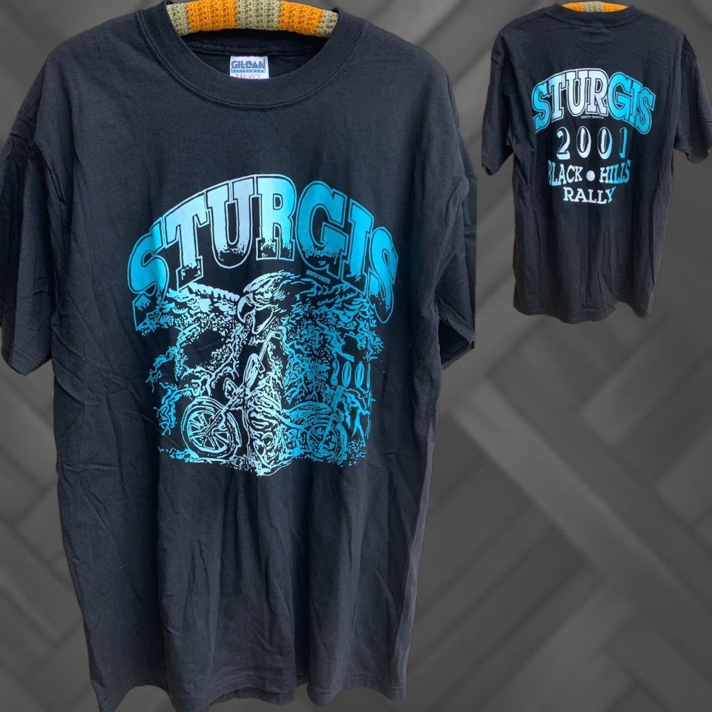 Gildan VINTAGE Sturgis South Dakota 2001 Black Hills Rally T Shirt L Men's Graphic Print Crew Neck Short Sleeve Cotton Gildan Dinosaur? Size US L / EU 52-54 / 3 - 1 Thumbnail