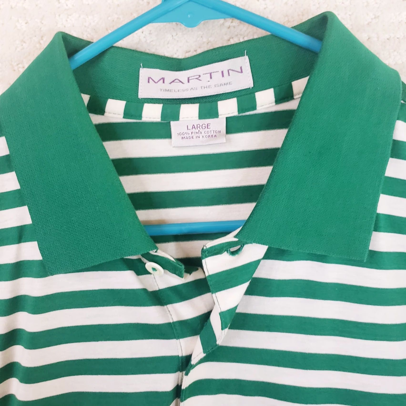 Vintage Martin Polo Shirt Men L Green White Short Sleeve Pima Cotton Striped Polo Golf Casual Stretch Size US L / EU 52-54 / 3 - 4 Thumbnail