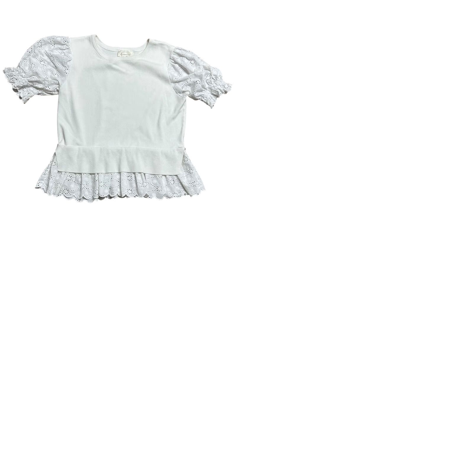 Anthropologie Anthropologie Blouse White Puff-Sleeve Eyelet Knit Sweater Tee Sz Large Women Top Size L / US 10 / IT 46 - 9 Thumbnail