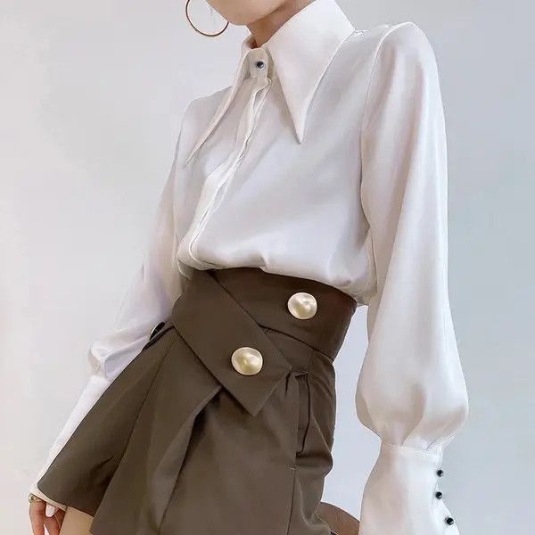 Autumn Vintage Satin Silk Women Shirt Elegant