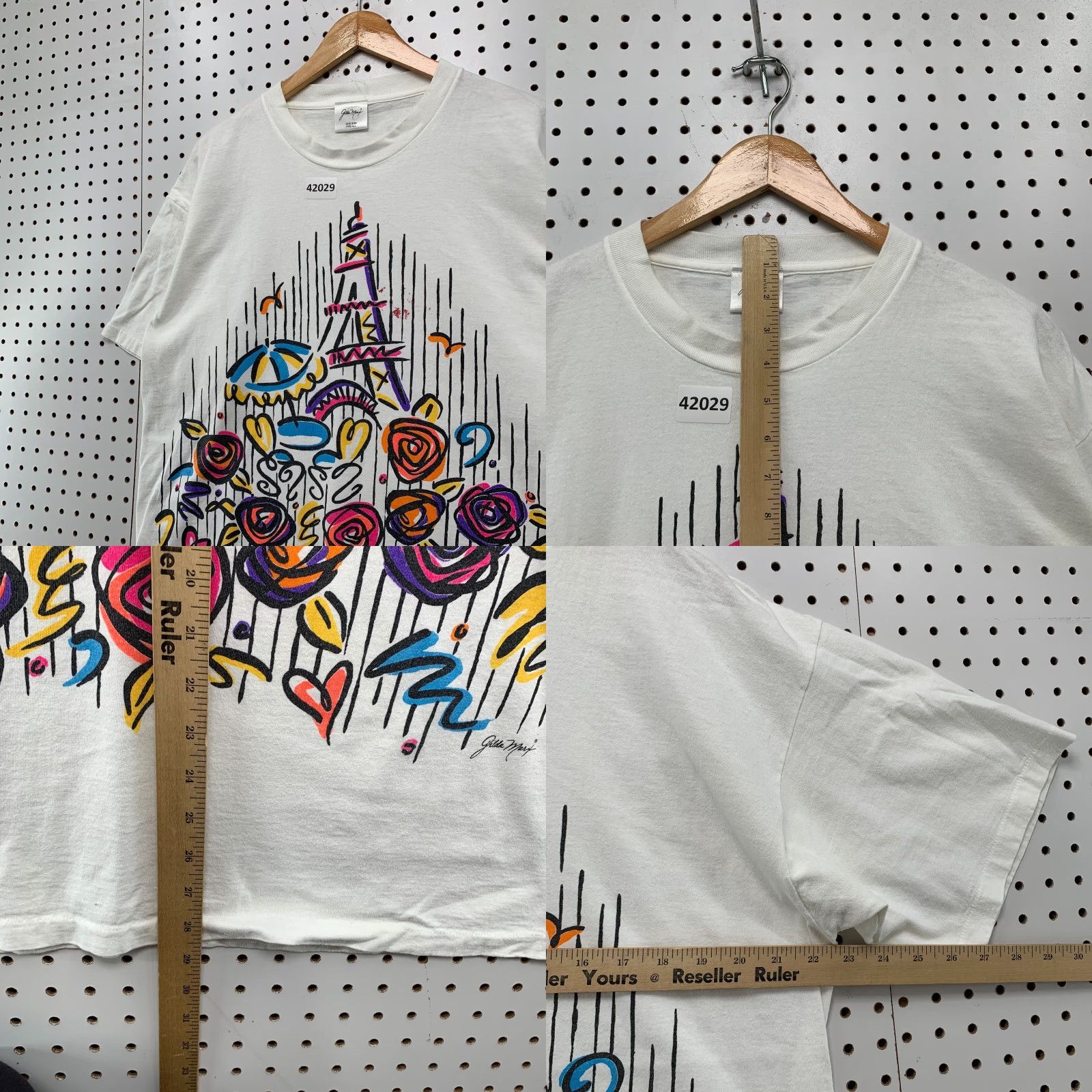 Gildan VINTAGE 90s Gilda Marx T-Shirt Mens Adult Large White Floral Paris Cotton Short Sleeve Crew Neck Summer Theme Size US L / EU 52-54 / 3 - 8 Thumbnail