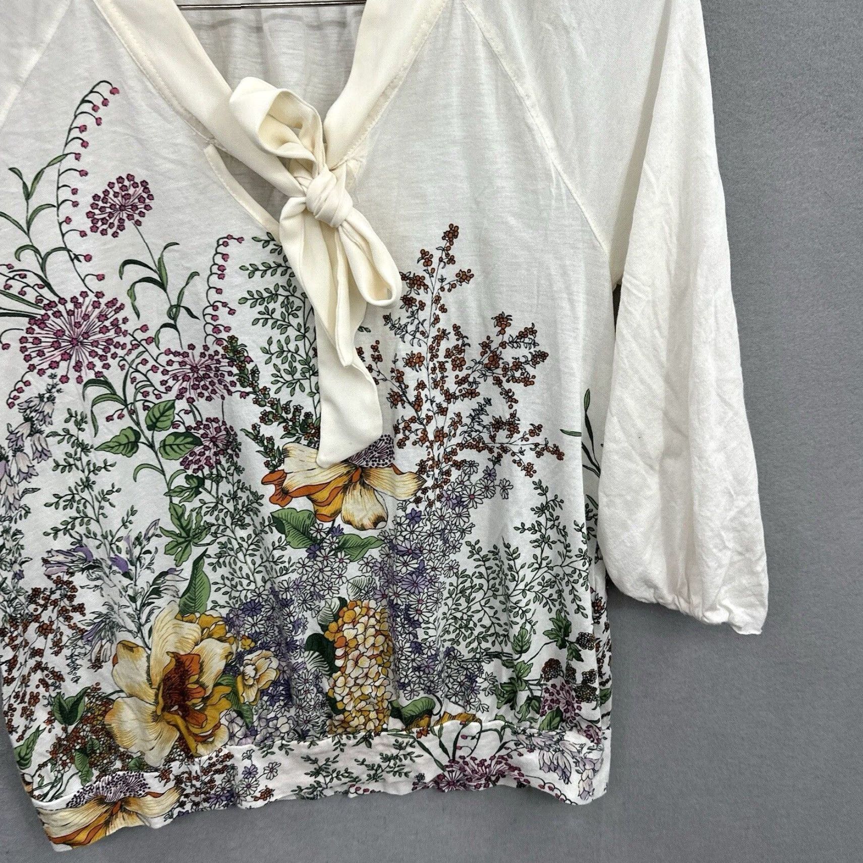 Vintage Meadow Rue Blouse Women M Ivory Floral Jersey Bow Neck Round Neck Casual Sleeve Basic Bohemian 90s? Size M / US 6-8 / IT 42-44 - 4 Thumbnail