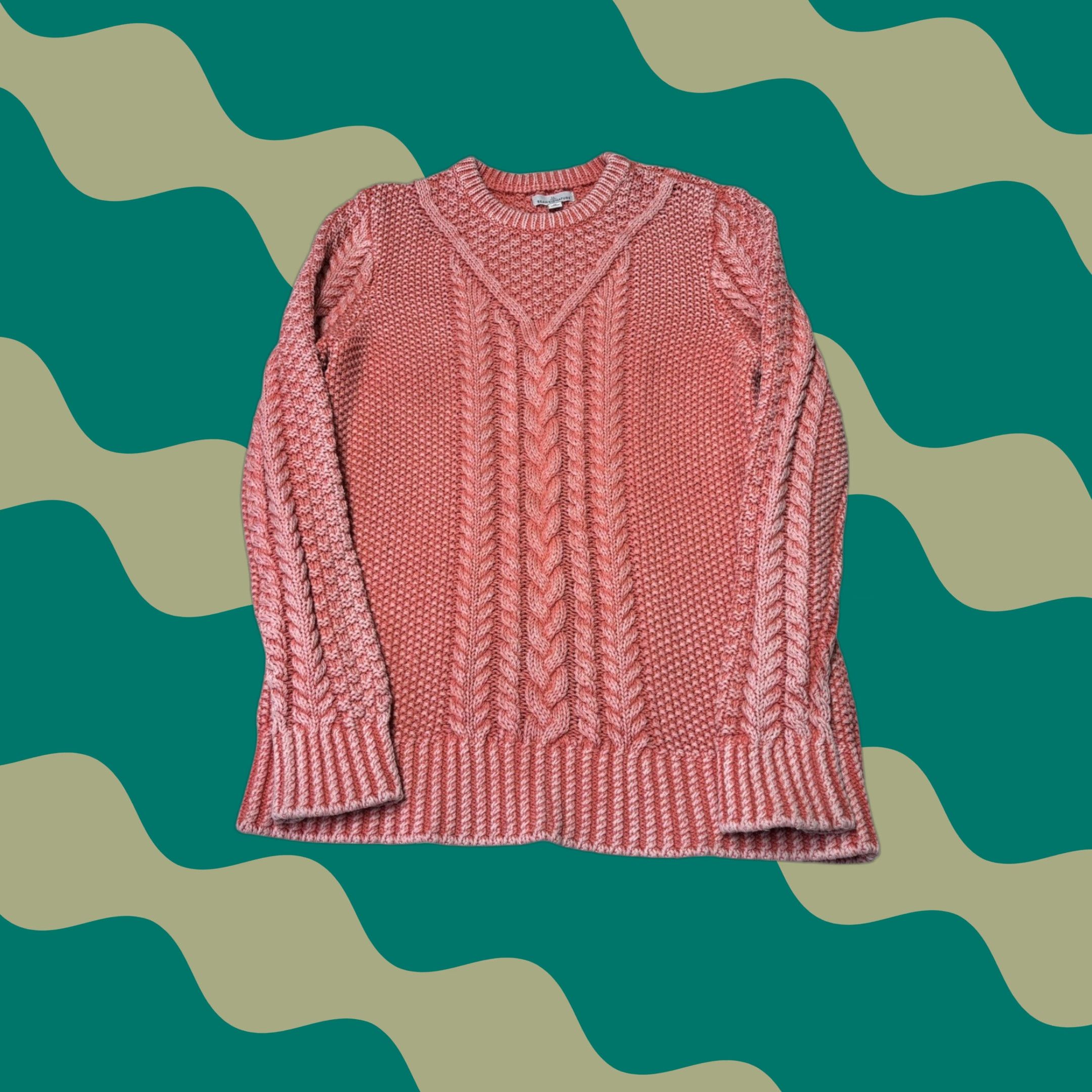 Vintage LL Bean Signature Womens Coral Pink Cable Knit Cotton Sweater Crew Neck Medium Womens Pullover Knit 100% Cotton Heavyweight Casual Fall Winter Spring Size M / US 6-8 / IT 42-44 - 1 Thumbnail