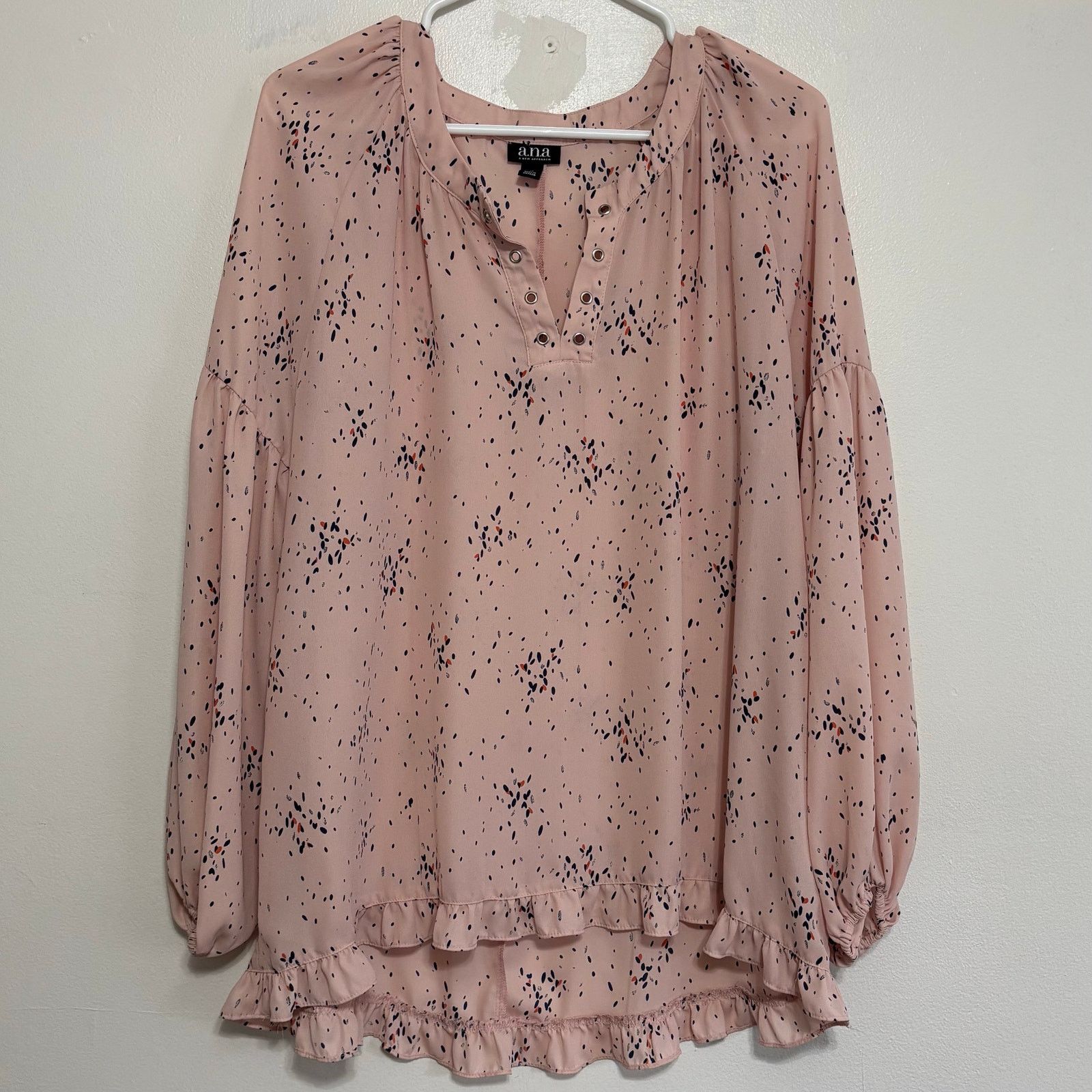 Other a.n.a Pink Splatter Dot V-Neck Long Sleeve Ruffle Hem Blouse Size M / US 6-8 / IT 42-44 - 1 Thumbnail
