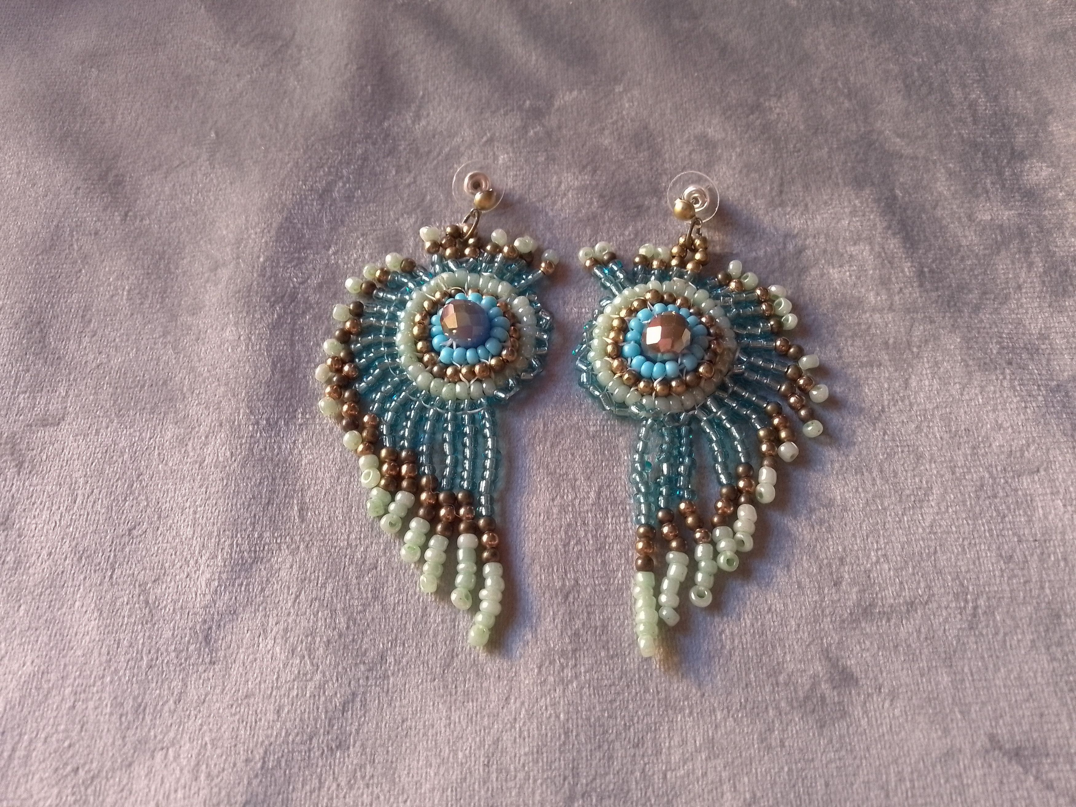 Handmade Earrings Long Crystal Green Turquoise Peacock Feather Size ONE SIZE - 4 Thumbnail