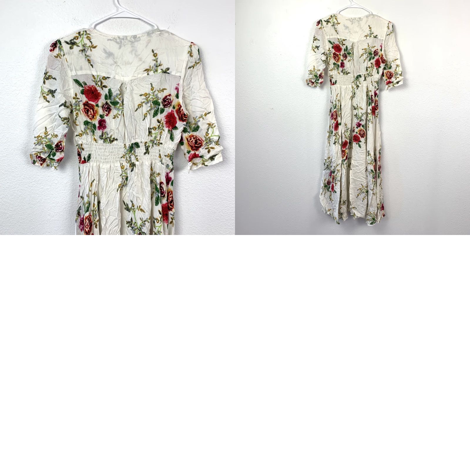 Vintage VINTAGE Boho Floral Midi Dress Women's White Red Green Smocked Waist Button Front Tassels Size S / US 4 / IT 40 - 8 Thumbnail