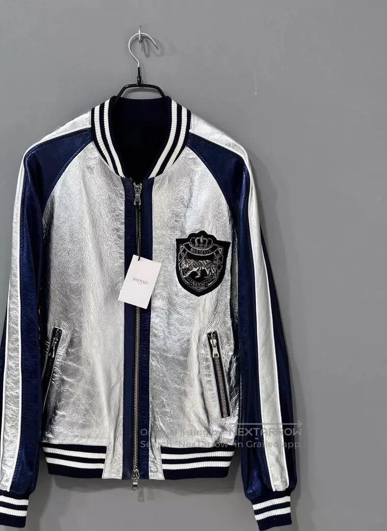 Balmain Silvery Bomber Jacket with Navy Accents. Size US L / EU 52-54 / 3 - 2 Thumbnail
