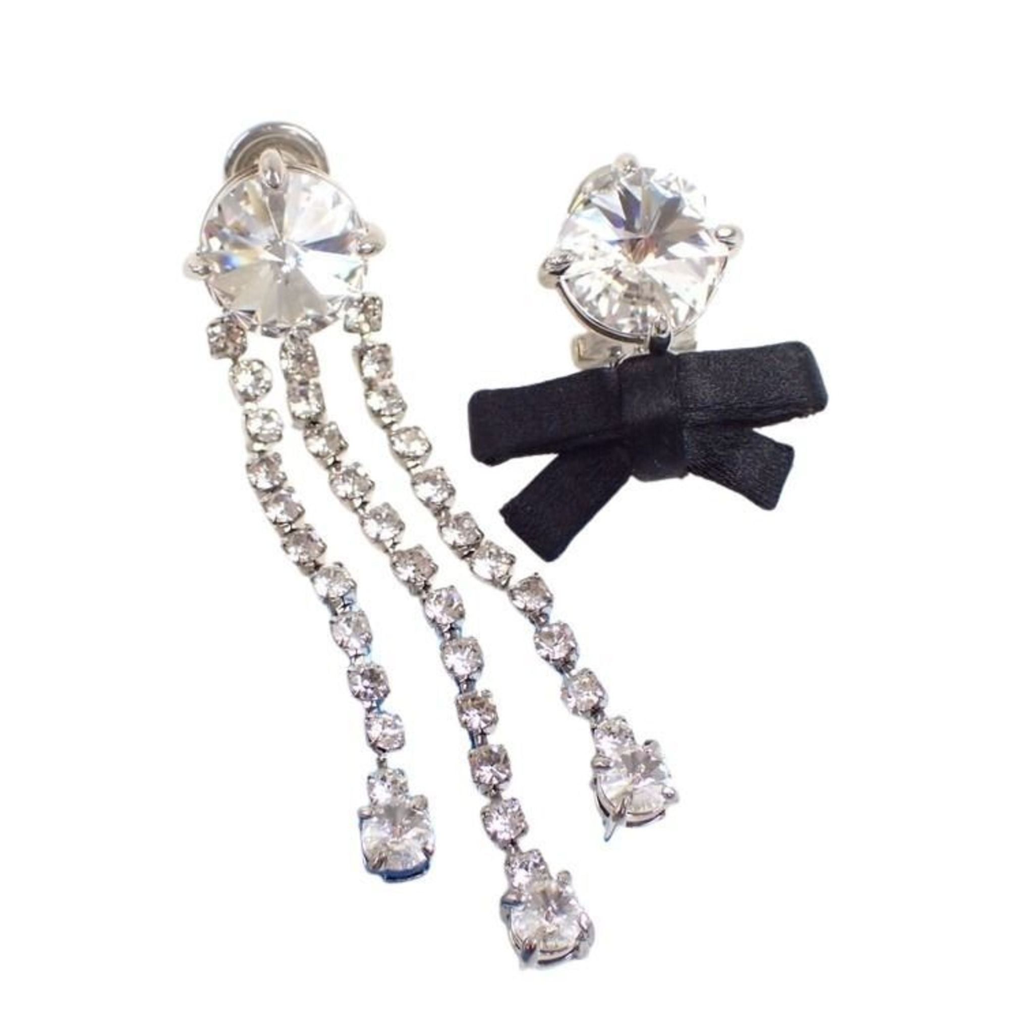 Miu Miu Miu Miu Miu Asymmetrical Earrings, Silver, Clear, Black Metal, Rhinestone, Satin, Clip-on Style. Size ONE SIZE - 1 Thumbnail