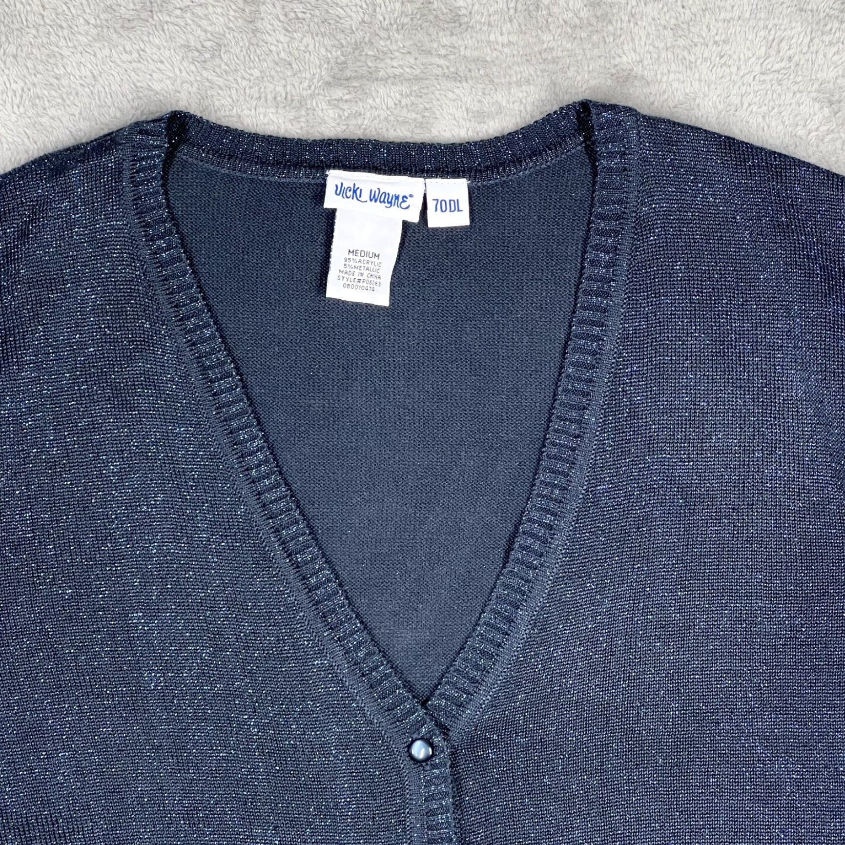 Vintage Vicki Wayne Cardigan Sweater Women’s Medium Navy Blue Glitter Shimmer Open V-Neck Long Sleeve Knit Slub Open Closure Everyday Size M / US 6-8 / IT 42-44 - 6 Thumbnail