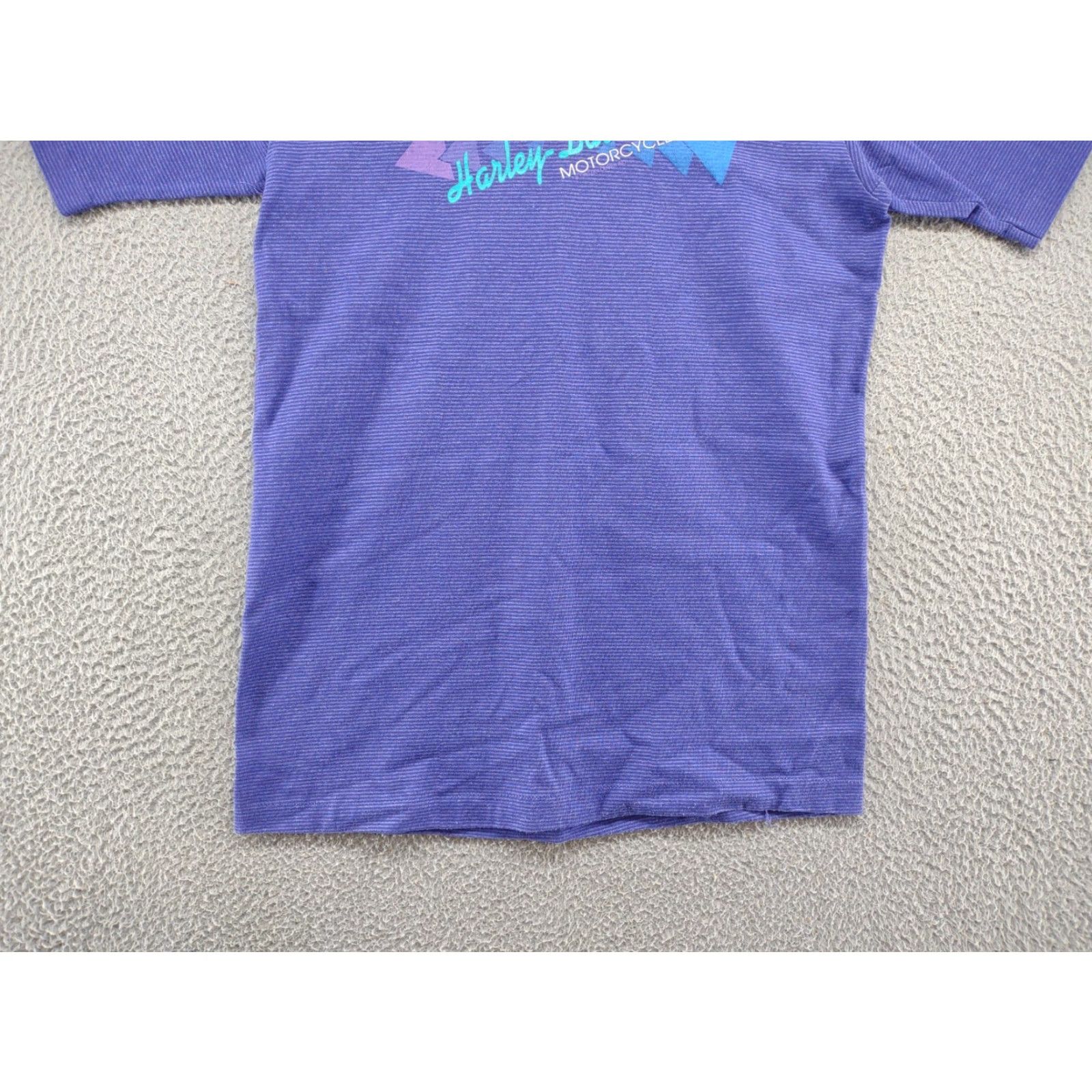 Harley Davidson VINTAGE Harley-Davidson T-Shirt Mens Small Purple Pinstripe Single Stitch 1993 USA Made Motorcycle Graphic Print Crew Neck Short Sleeve Size US S / EU 44-46 / 1 - 2 Thumbnail