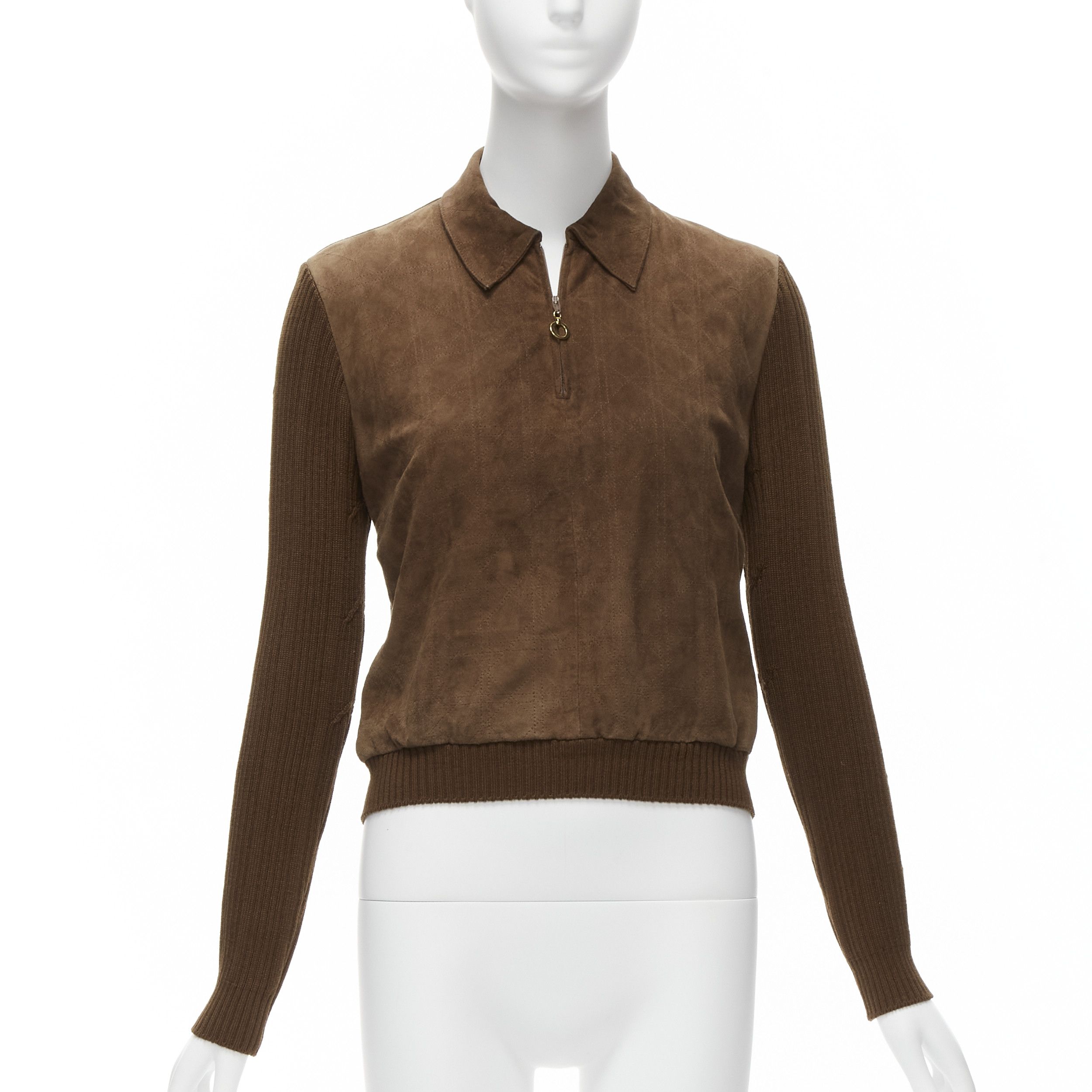 image of Christian Dior Vintage Cannage Stitch Brown Suede Leather Ribbed Half Zip Sweater, Women's (Size Sm