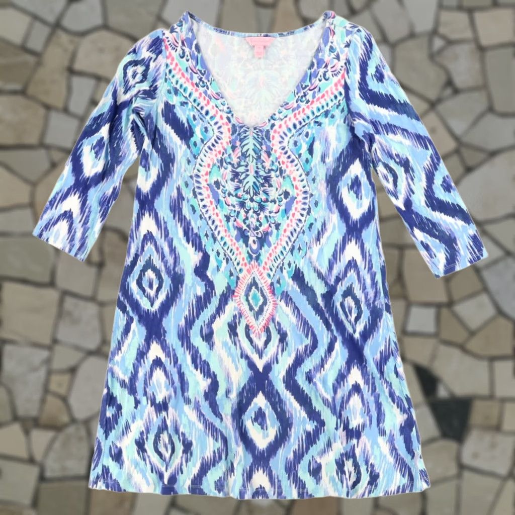 Lilly Pulitzer Lilly Pulitzer Ophelia Swing Skipped a Beach Blue Women's XS Dress 3/4 Sleeve V-Neck All Over Print Women's XS Size XS / US 0-2 / IT 36-38 - 1 Thumbnail