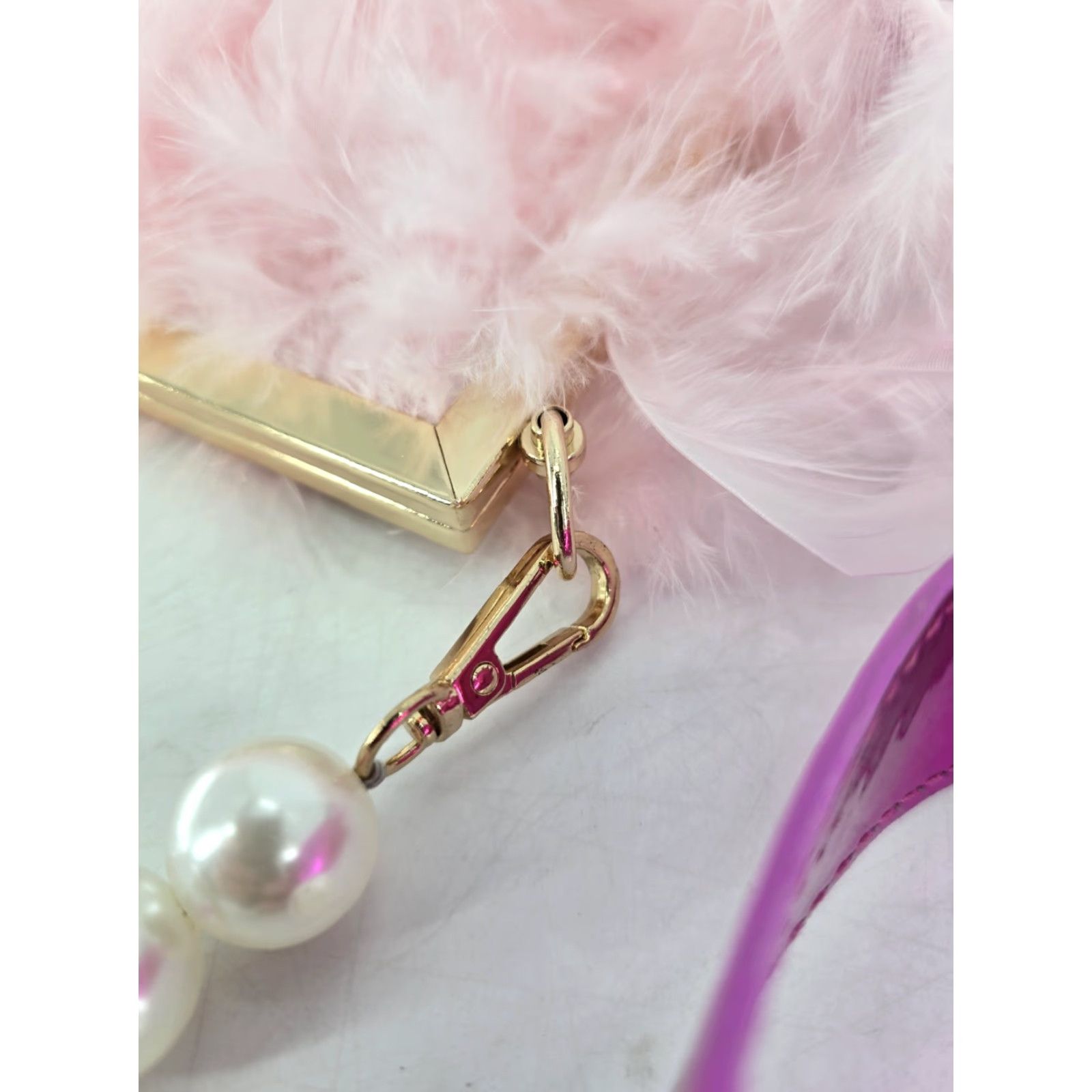 2 lot Feather Clutches Purses Women Bag Pearl Fluffy Evening Handbags Hot Pink