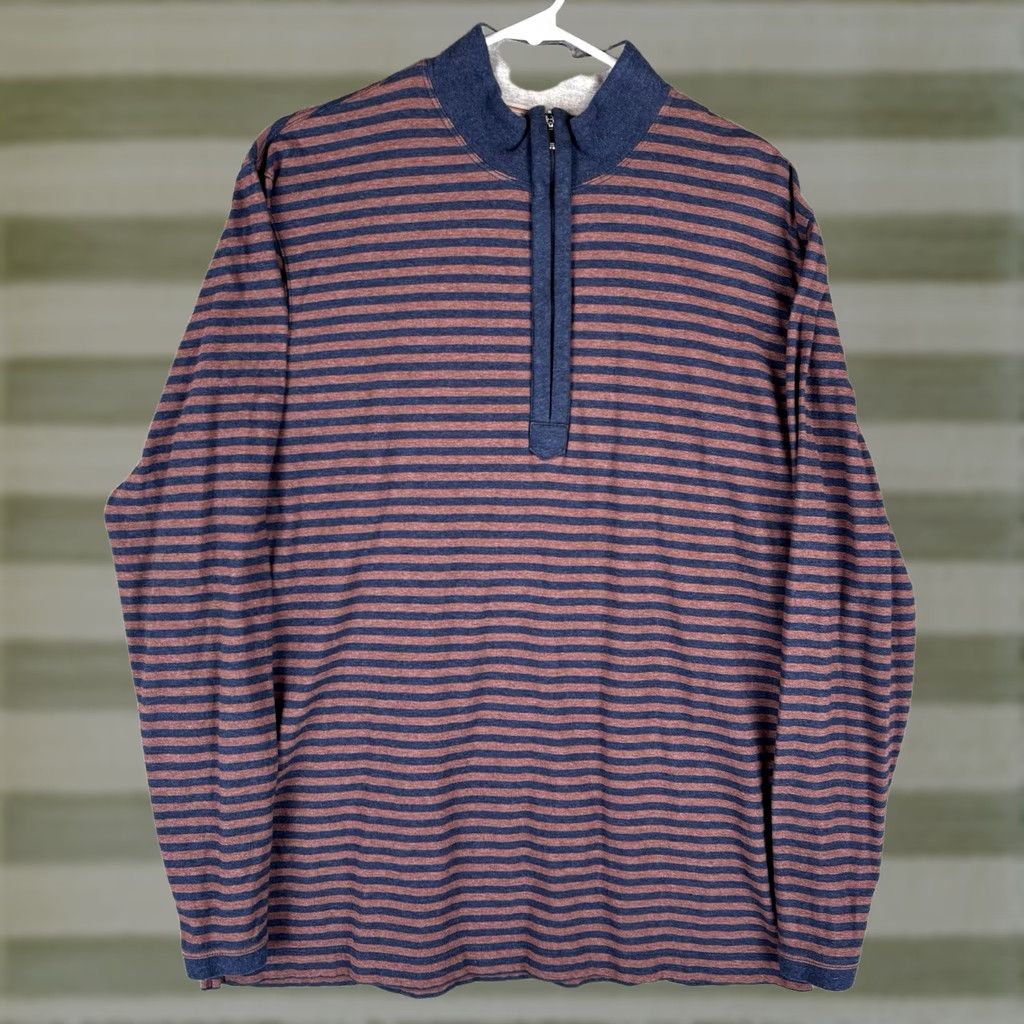 Vintage VINTAGE? No. Left Coast Tee Quarter Zip Shirt Mens Large Navy Burgundy Stripe Cotton Pullover Size US L / EU 52-54 / 3 - 1 Thumbnail
