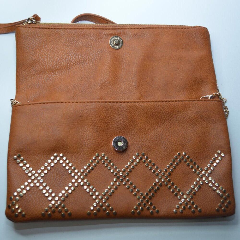 Designer Brown Studded Foldover Clutch with Gold Chain Strap Size ONE SIZE - 4 Thumbnail