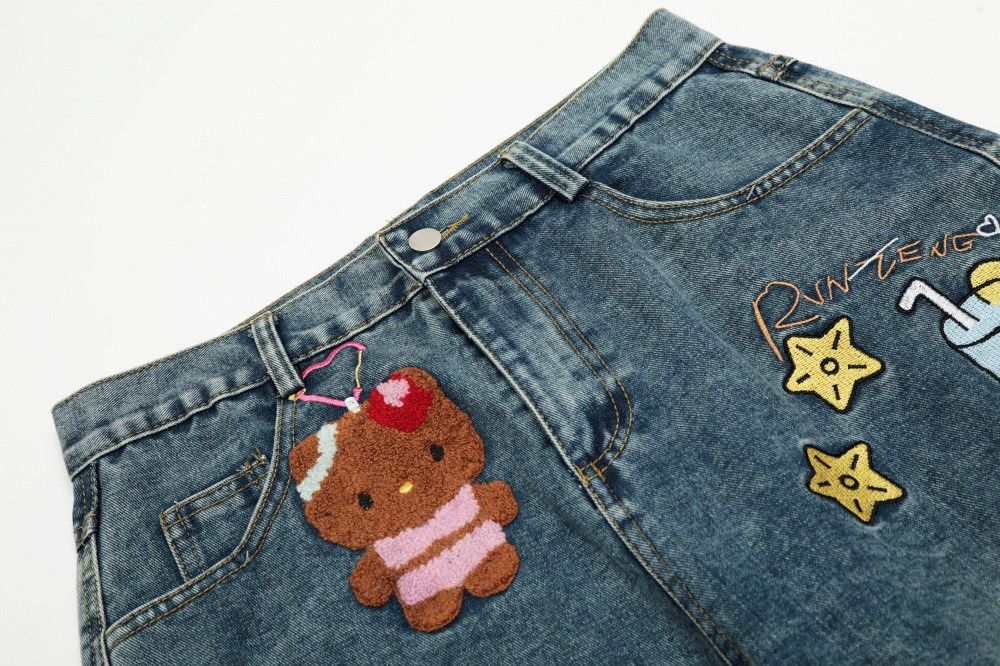 Jean Men's cartoon embroidered washed straight jeans Size US 32 / EU 48 - 3 Thumbnail