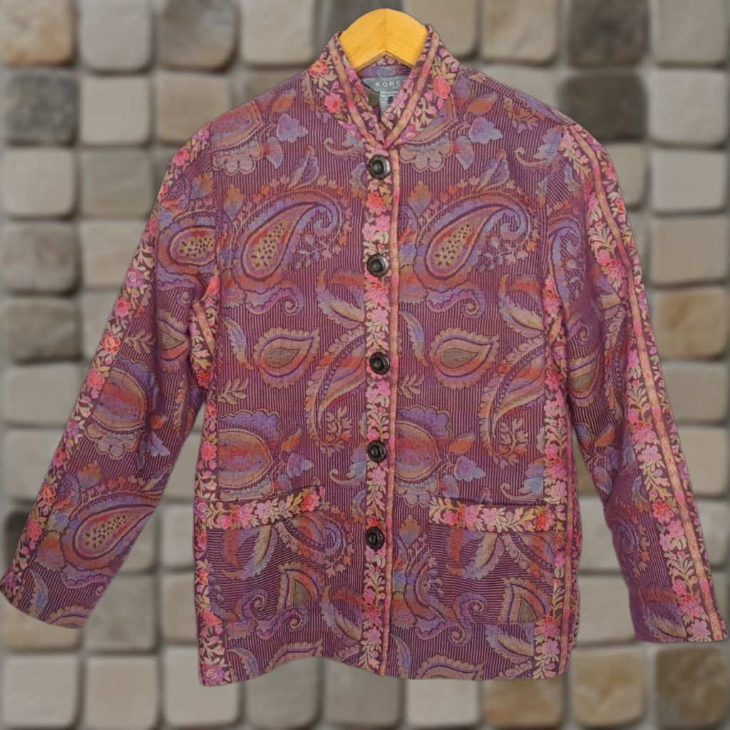Vintage Koret Blazer Jacket Petite Brocade Tapestry Floral Paisley Purple Button Up Women’s PM Printed Dressy 90s? Size M / US 6-8 / IT 42-44 - 1 Thumbnail