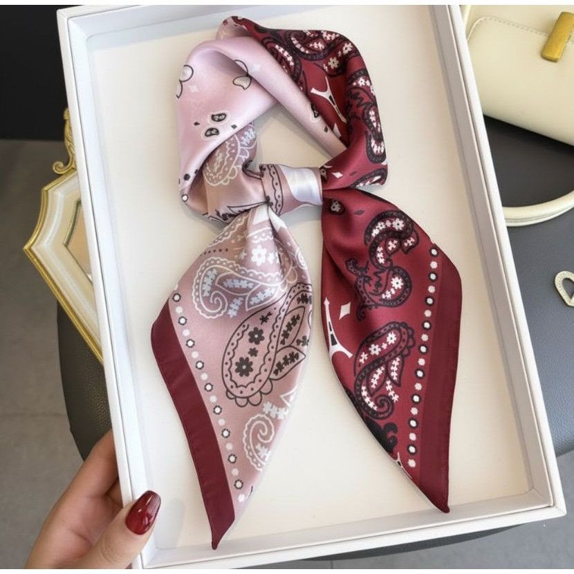 Other Luxury Silky Square Scarf Bandana Burgundy Geometric Patchwo Size ONE SIZE - 2 Thumbnail
