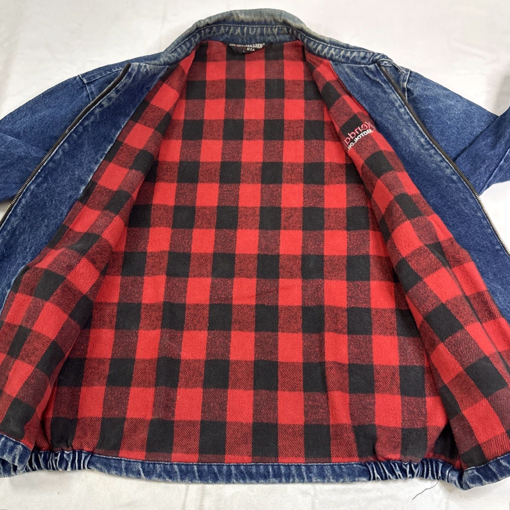 Vintage VINTAGE Sportsmaster Denim Jacket Plaid Lined Made In USA Men’s Large Kendall Motor Oil Jacket Blue Denim Cotton USA Men Jeans Coat Jacket Size US L / EU 52-54 / 3 - 5 Thumbnail