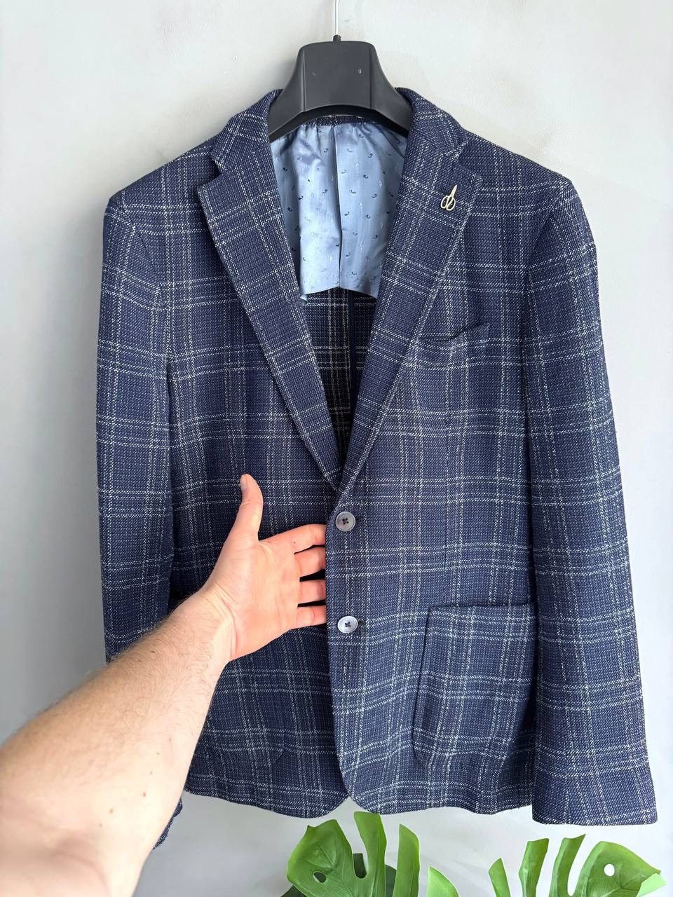 Paoloni Paoloni Men's Blazer Wool/Cotton Dark Blue Check, Size 52 Size 52R - 6 Thumbnail